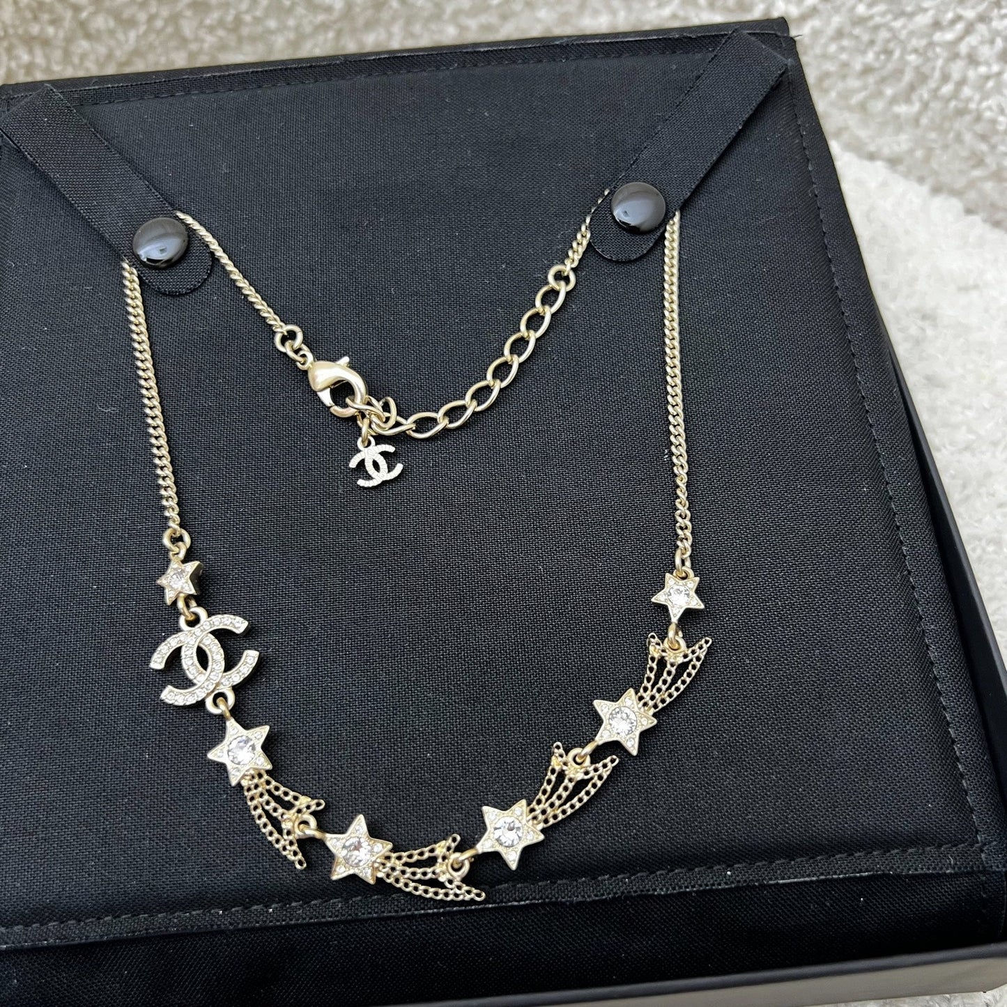 Chanel 25B Shooting Stars Necklace with Diamantés in Light Gold HW (Model: ABG338)