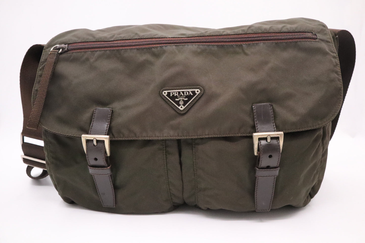 Prada Messenger Bag In Dark Nylon Green Travel Bag