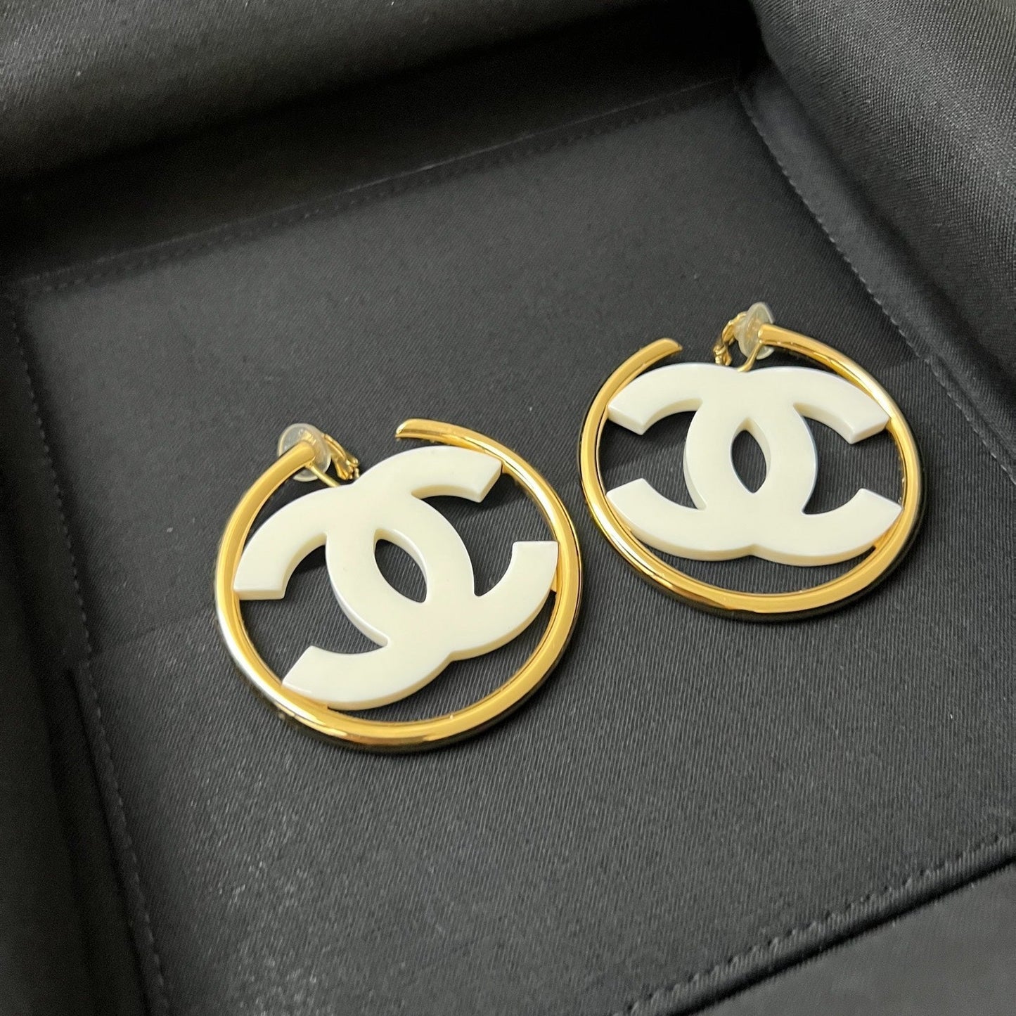 Chanel 24S Large CC Logo Hoop Clip on Earrings with White Enamel in Ghw