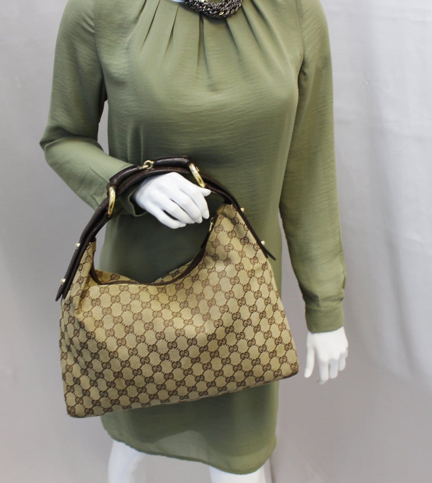 Gucci Horsebit Hobo Bag Canvas Beige Travel Bag