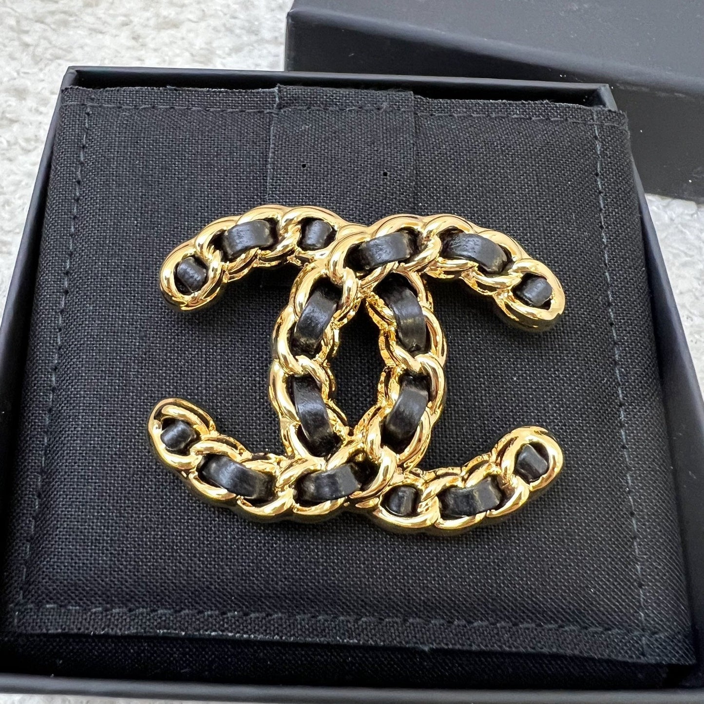 Chanel Classic CC Brooch with Black Interwoven Leather and Ghw