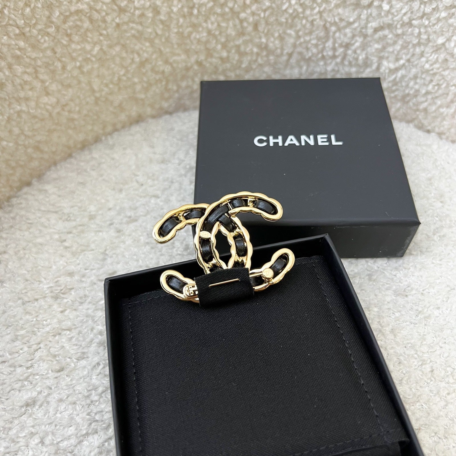 Chanel Classic CC Brooch with Black Interwoven Leather and Ghw