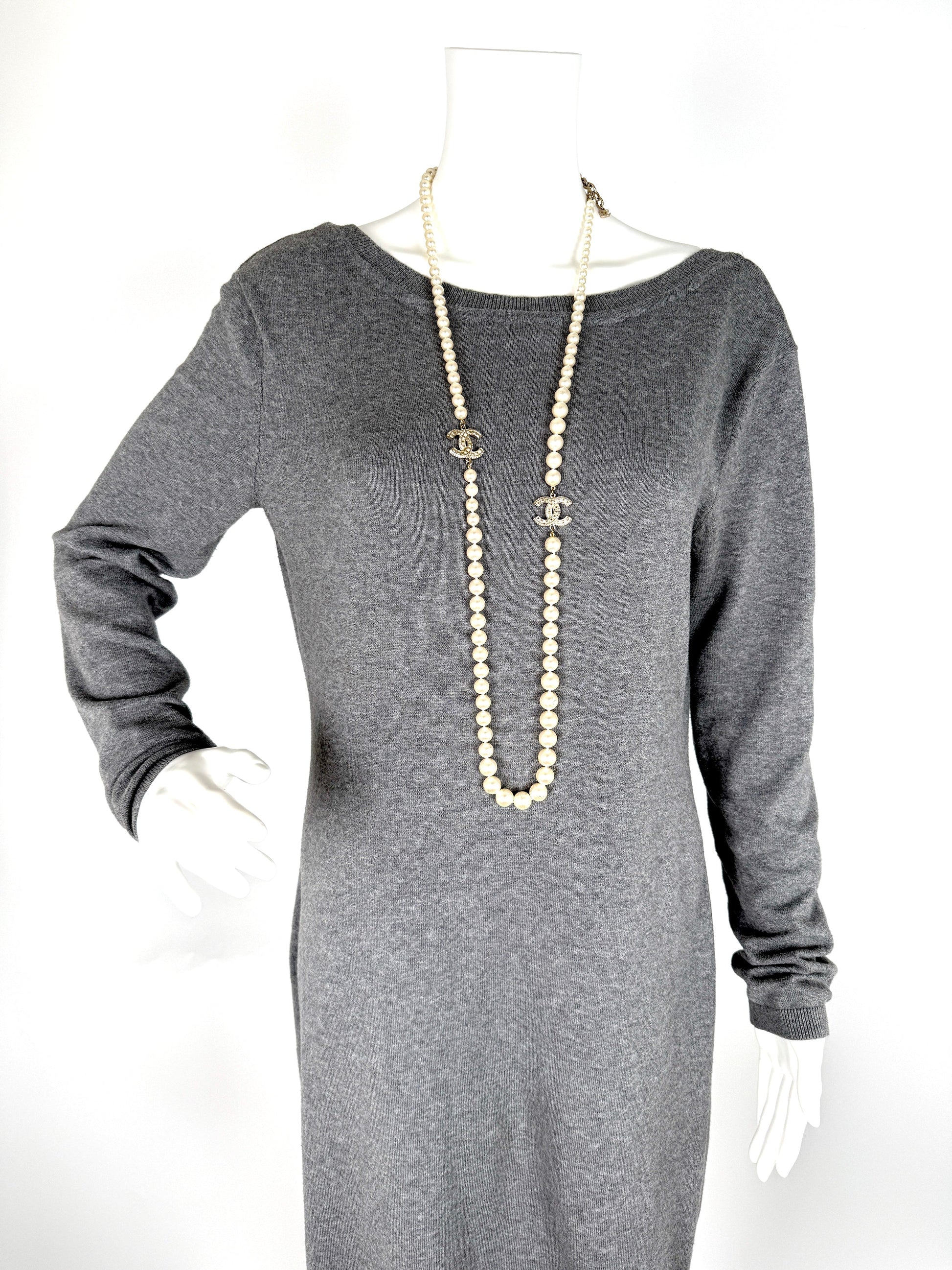 Chanel Faux Pearl Graduated Long Cc Strass Station Necklace