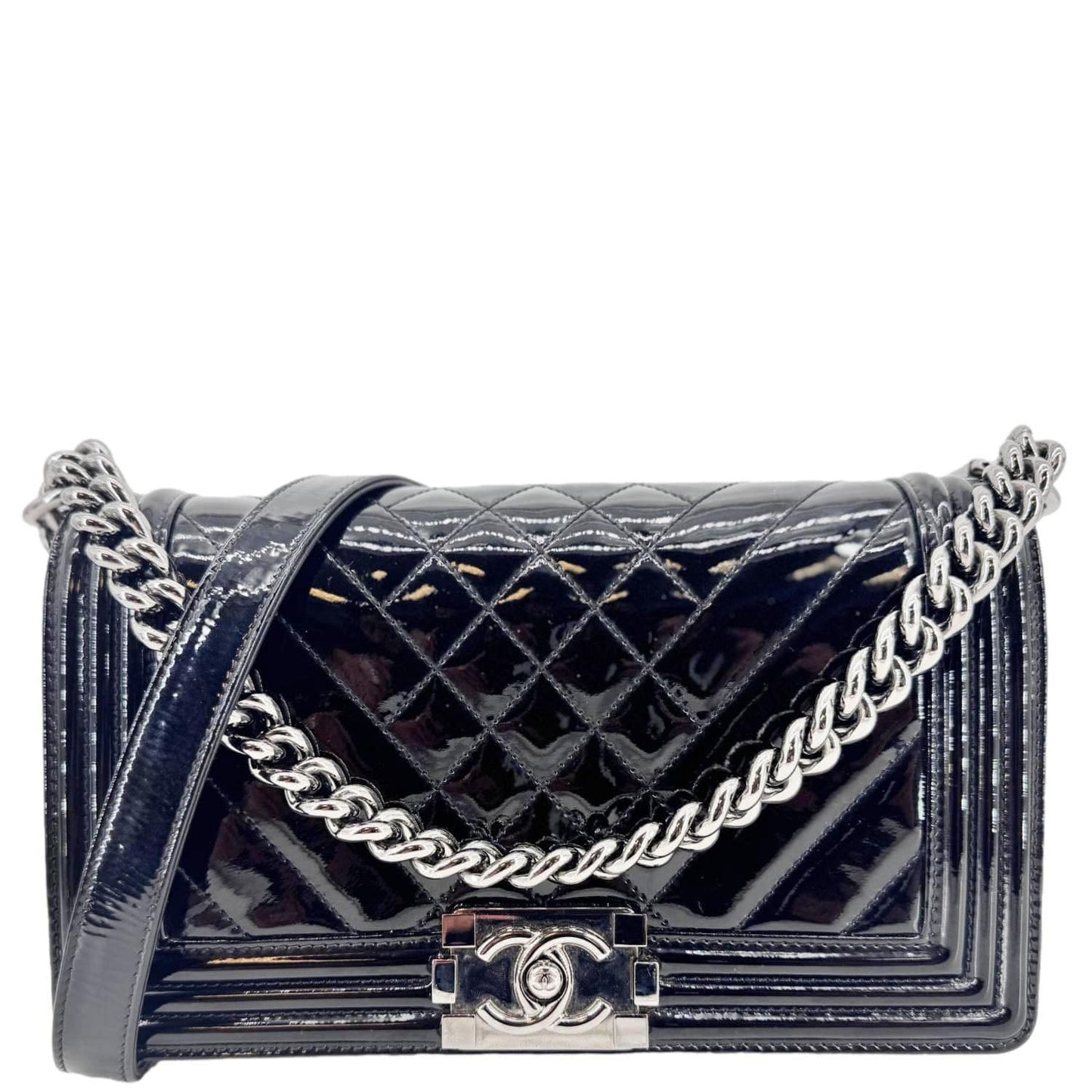 Chanel Boy Flap Chevron Patent Leather Black Travel Bag