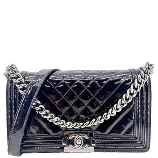 Chanel Boy Flap Chevron Patent Leather Black Travel Bag