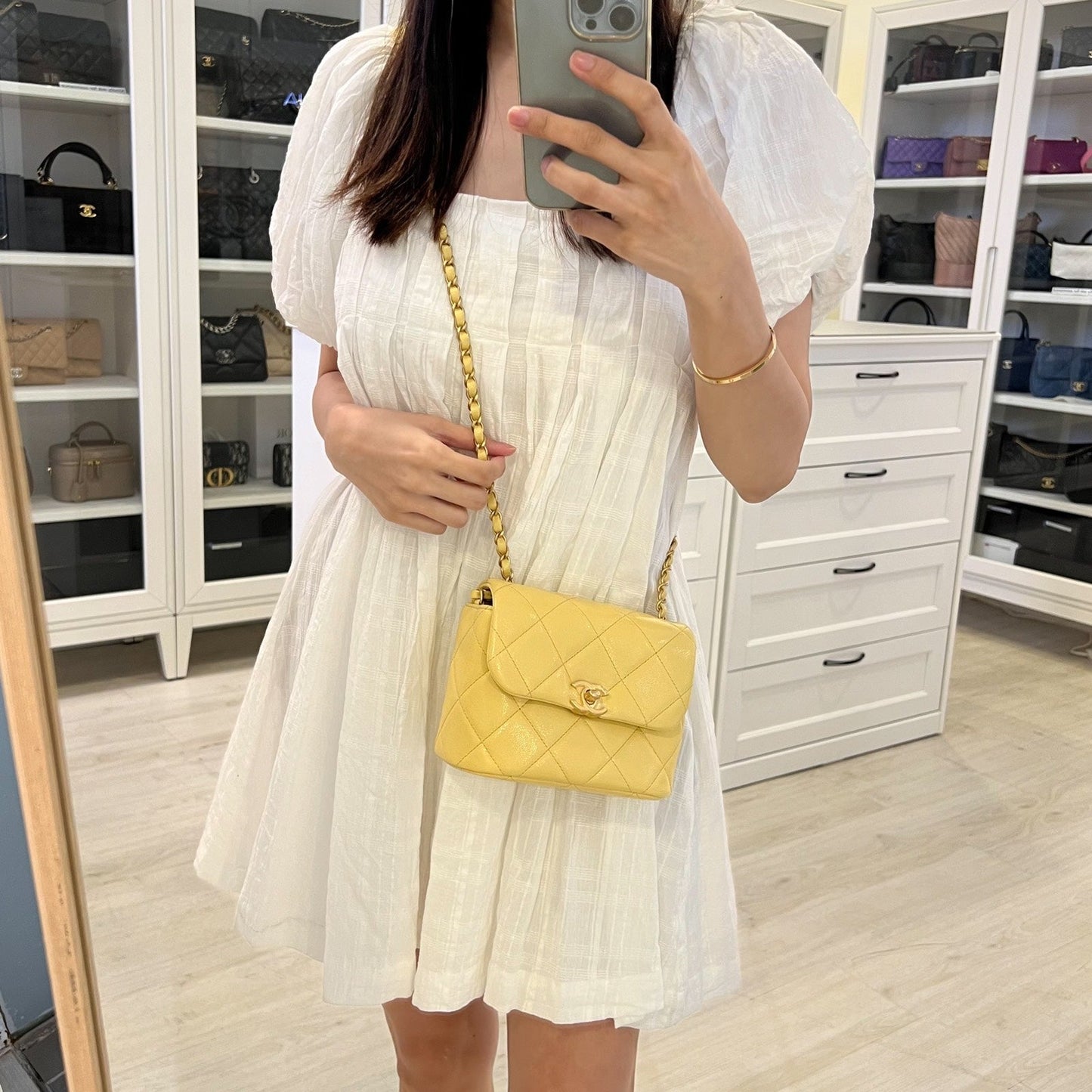 Chanel 22P Seasonal Square Mini In Light Yellow Caviar Ghw Bag