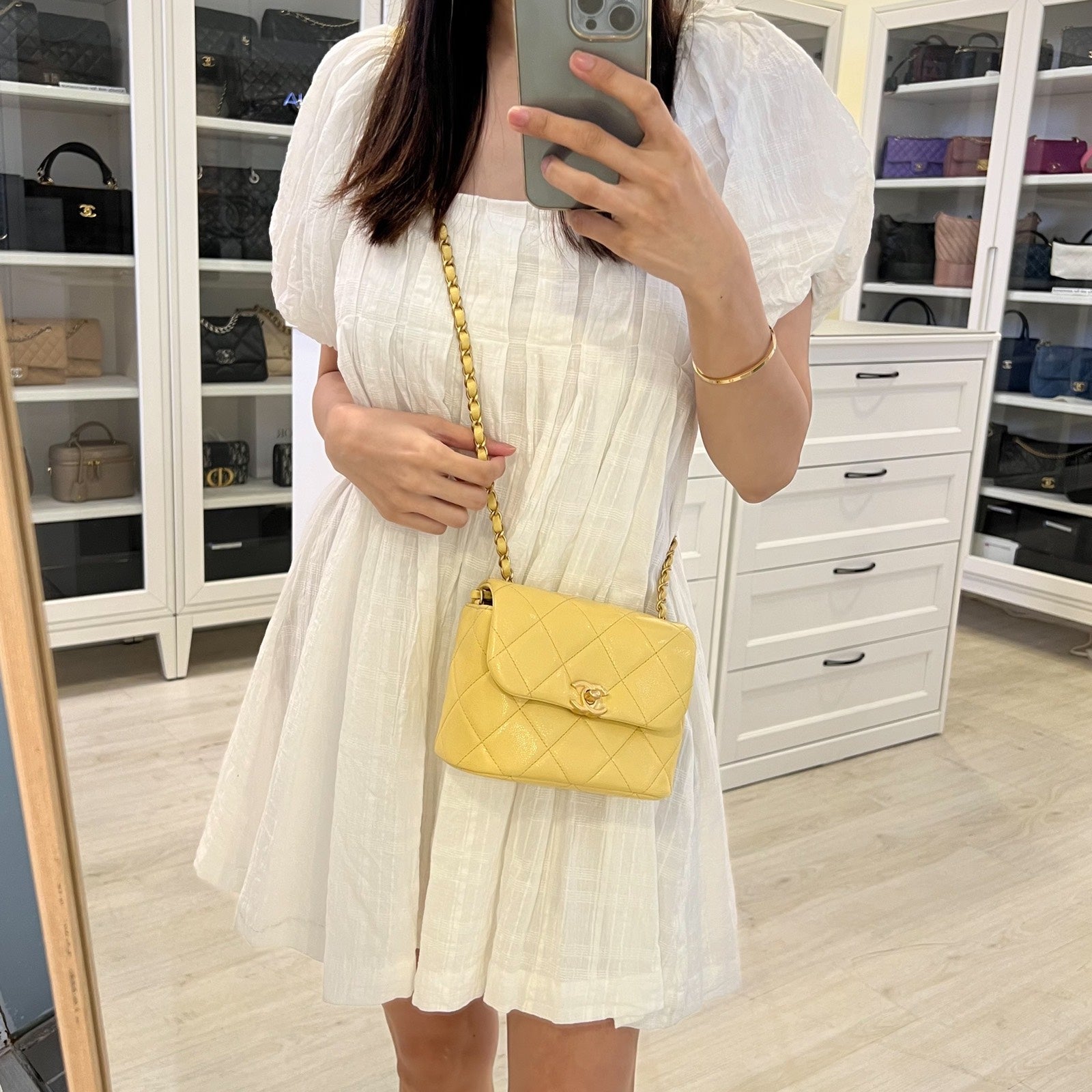 Chanel 22P Seasonal Square Mini In Light Yellow Caviar Ghw Bag