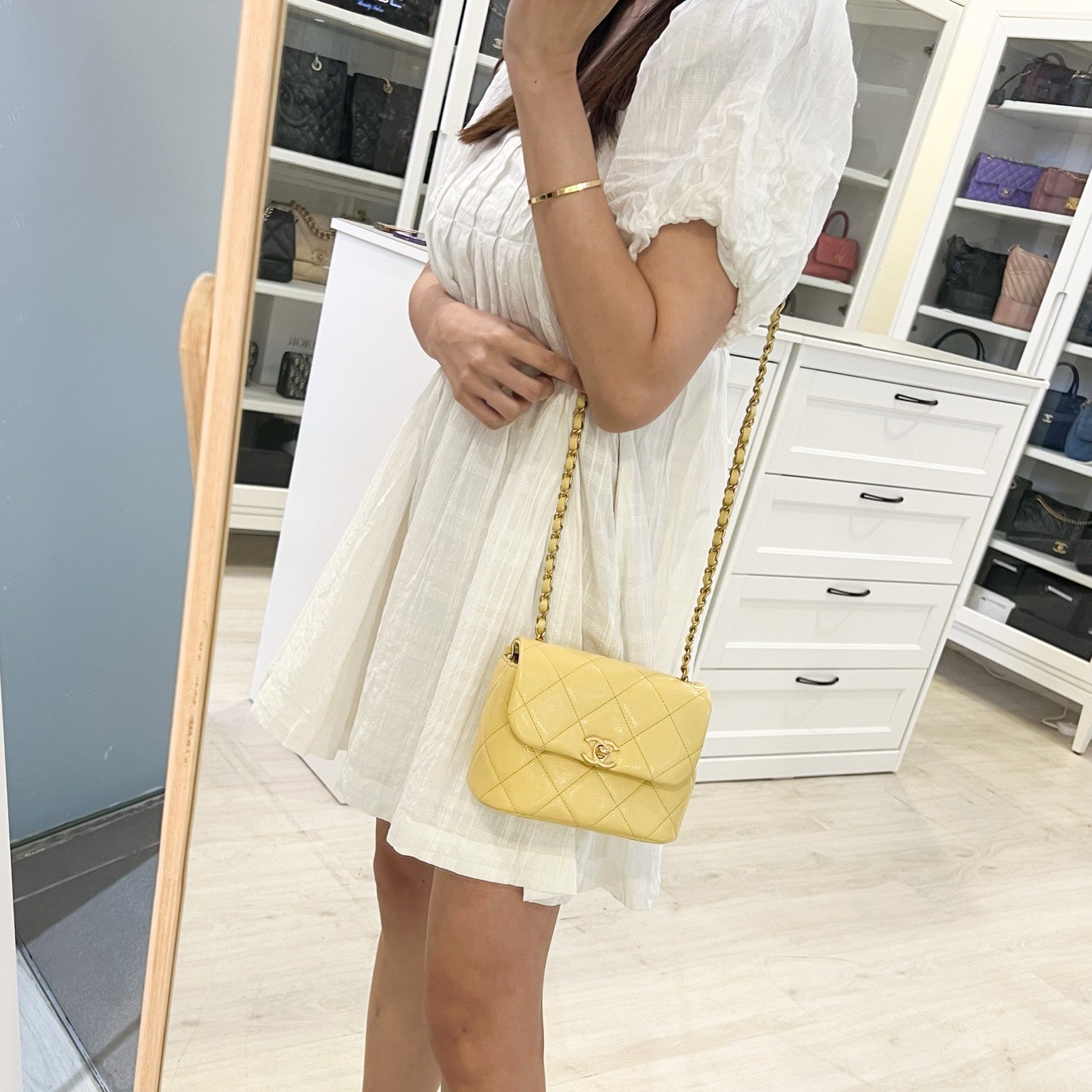 Chanel 22P Seasonal Square Mini In Light Yellow Caviar Ghw Bag