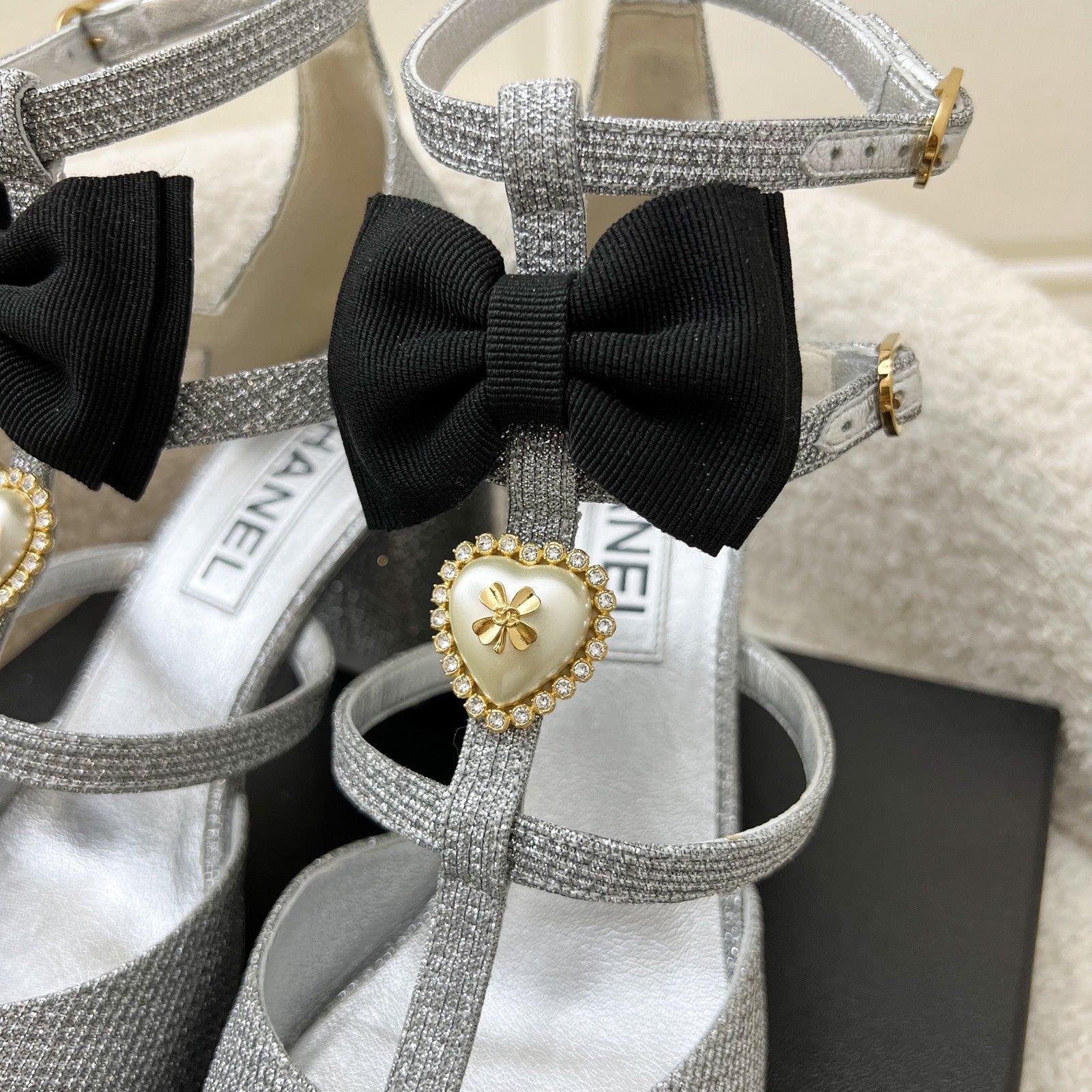 Chanel Mary Jane Chunky Heels in Silver Fabric and Black Grosgrain Sz 38 for Women