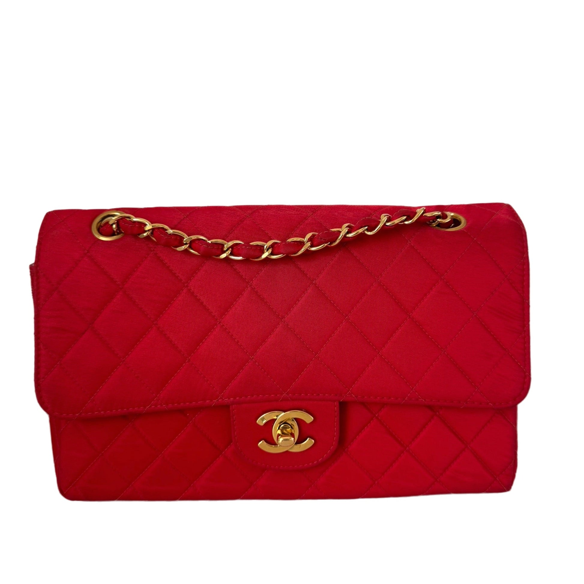 Chanel Classic Flap Nylon Satin 24k Plated Red Gold Handbag