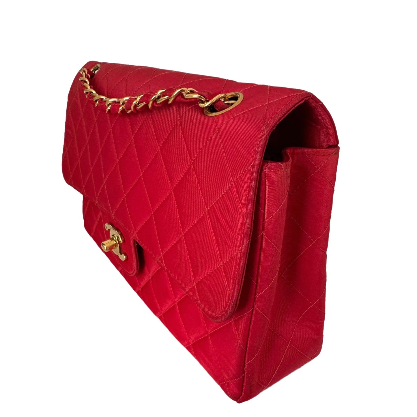 Chanel Classic Flap Nylon Satin 24k Plated Red Gold Handbag