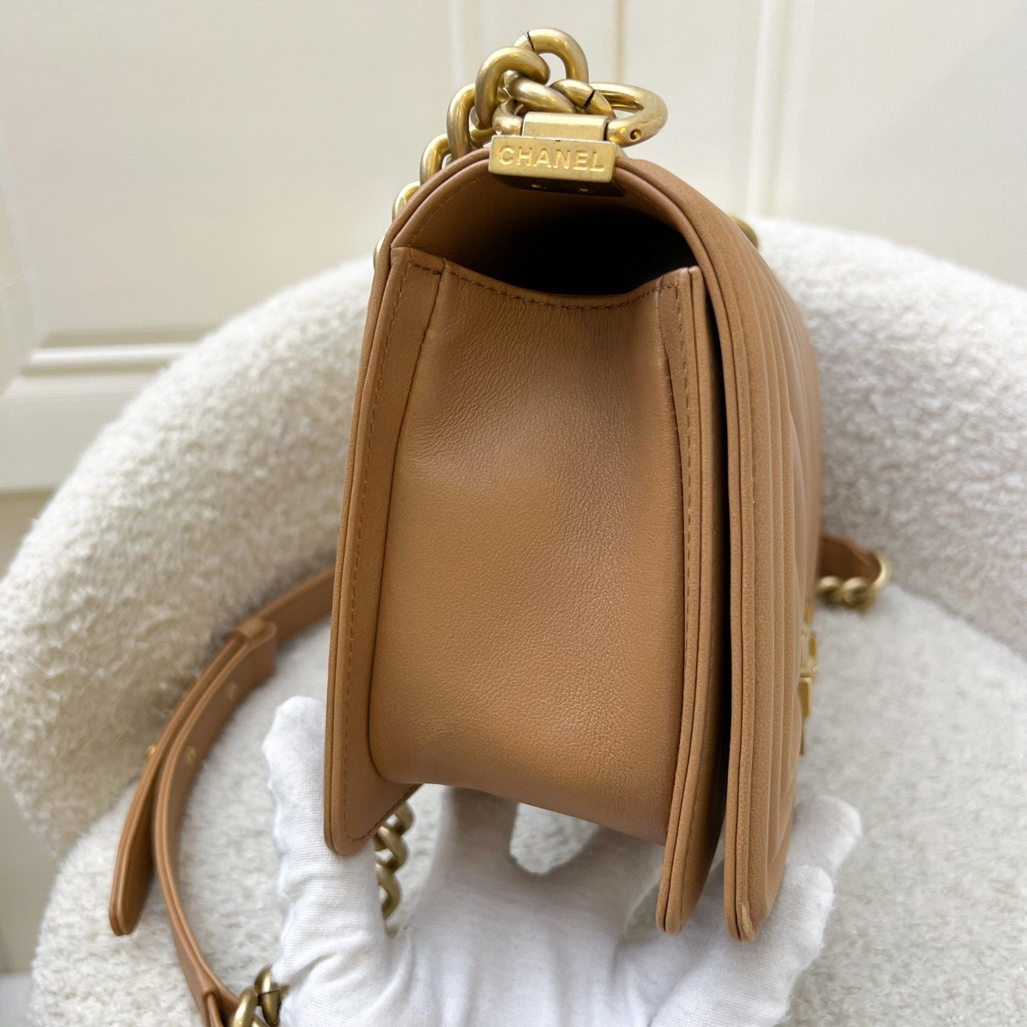 Chanel Medium 25CM Boy Flap in Chevron Quilted Caramel Lambskin and Aghw ( ) Handbag