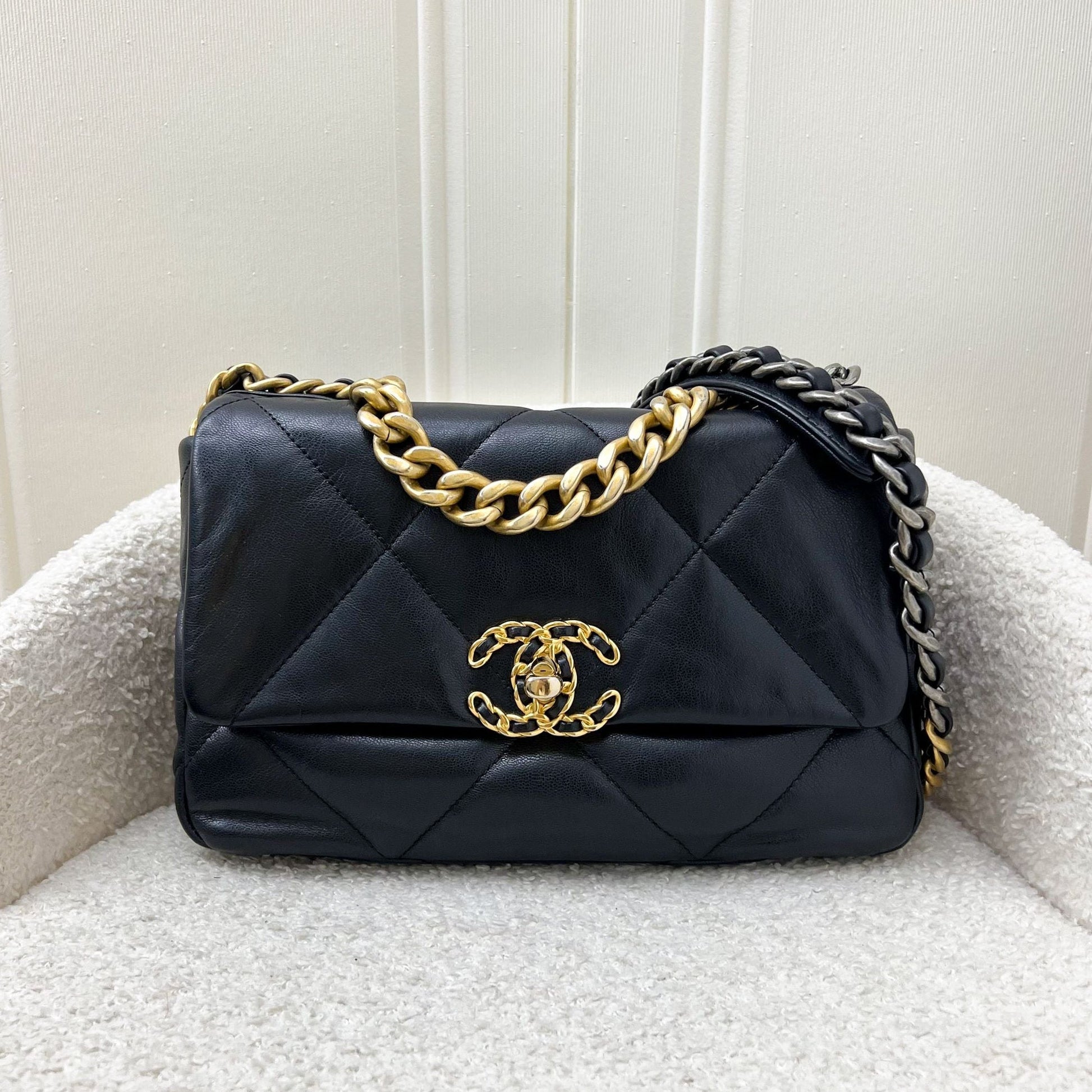 Chanel 19 Small Flap in Black Goatskin and 3 Tone Hw Handbag