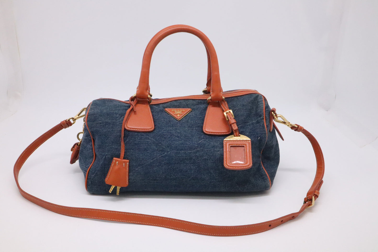 Prada Bauletto Shoulder Bag In And Orange Leather Denim
