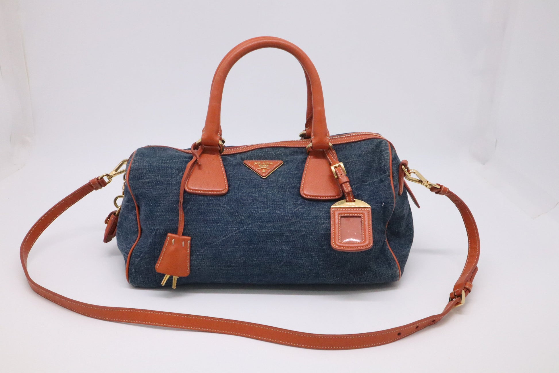 Prada Bauletto Shoulder Bag In And Orange Leather Denim