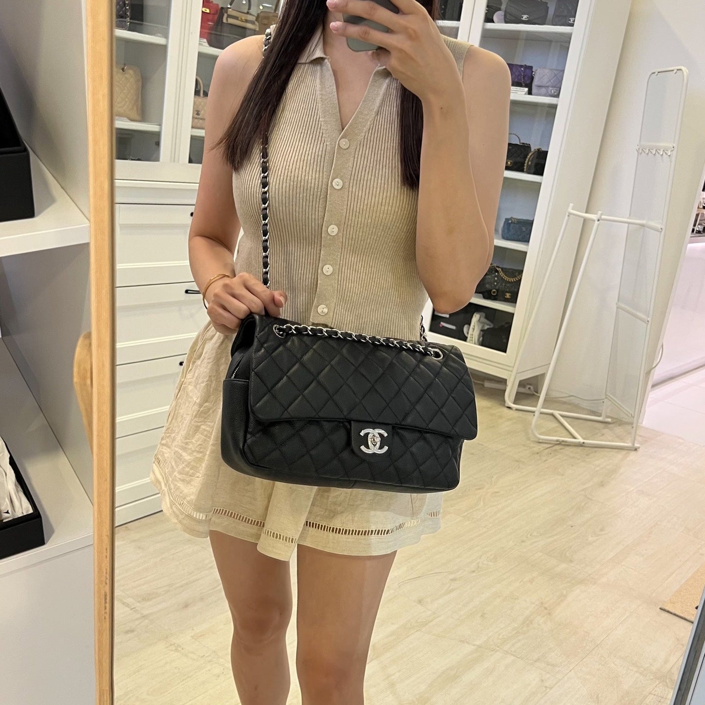 Chanel Easy Caviar Jumbo Flap in Black Caviar and Shw Handbag