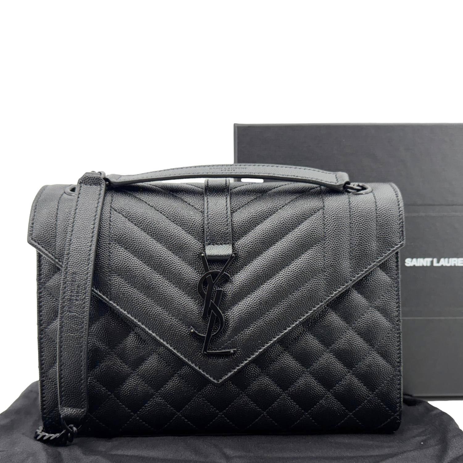 YSL Saint Laurent Yves Envelope Grain De Poudre Shoulder Bag Leather Black Medium