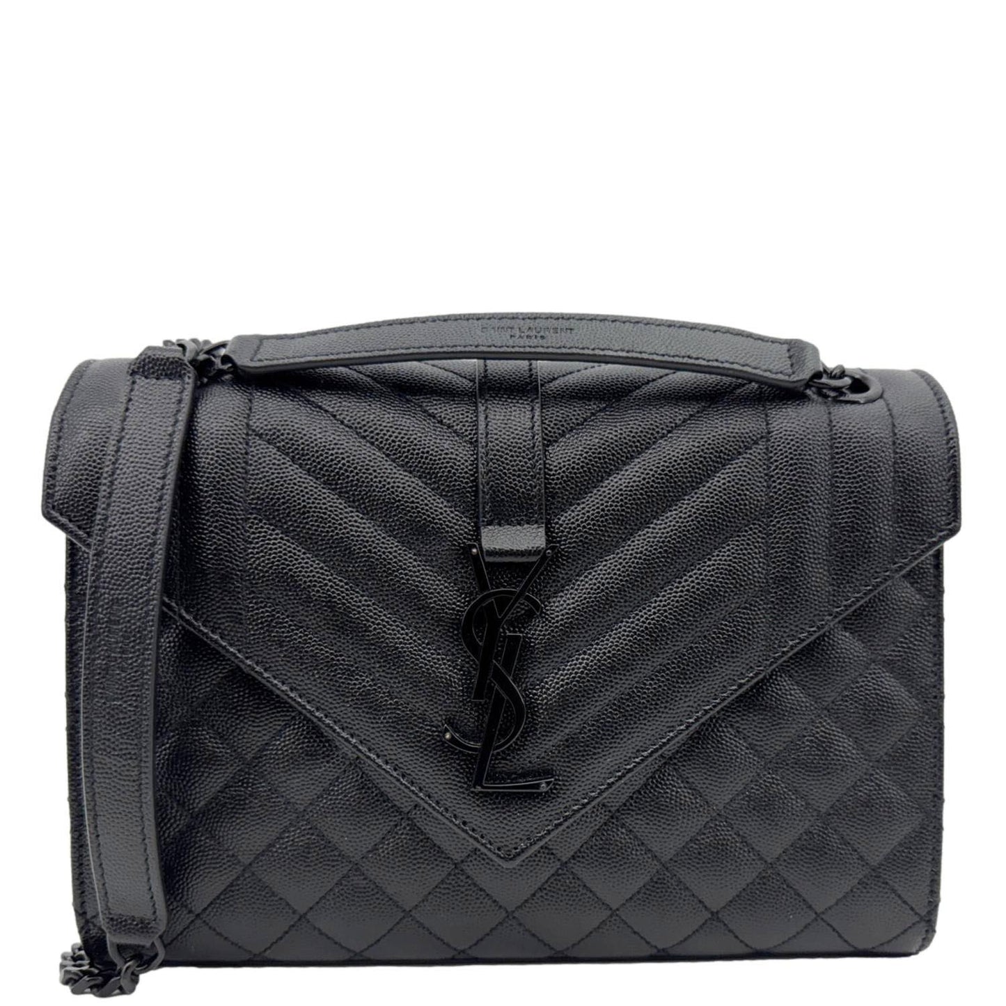 YSL Saint Laurent Yves Envelope Grain De Poudre Shoulder Bag Leather Black Medium
