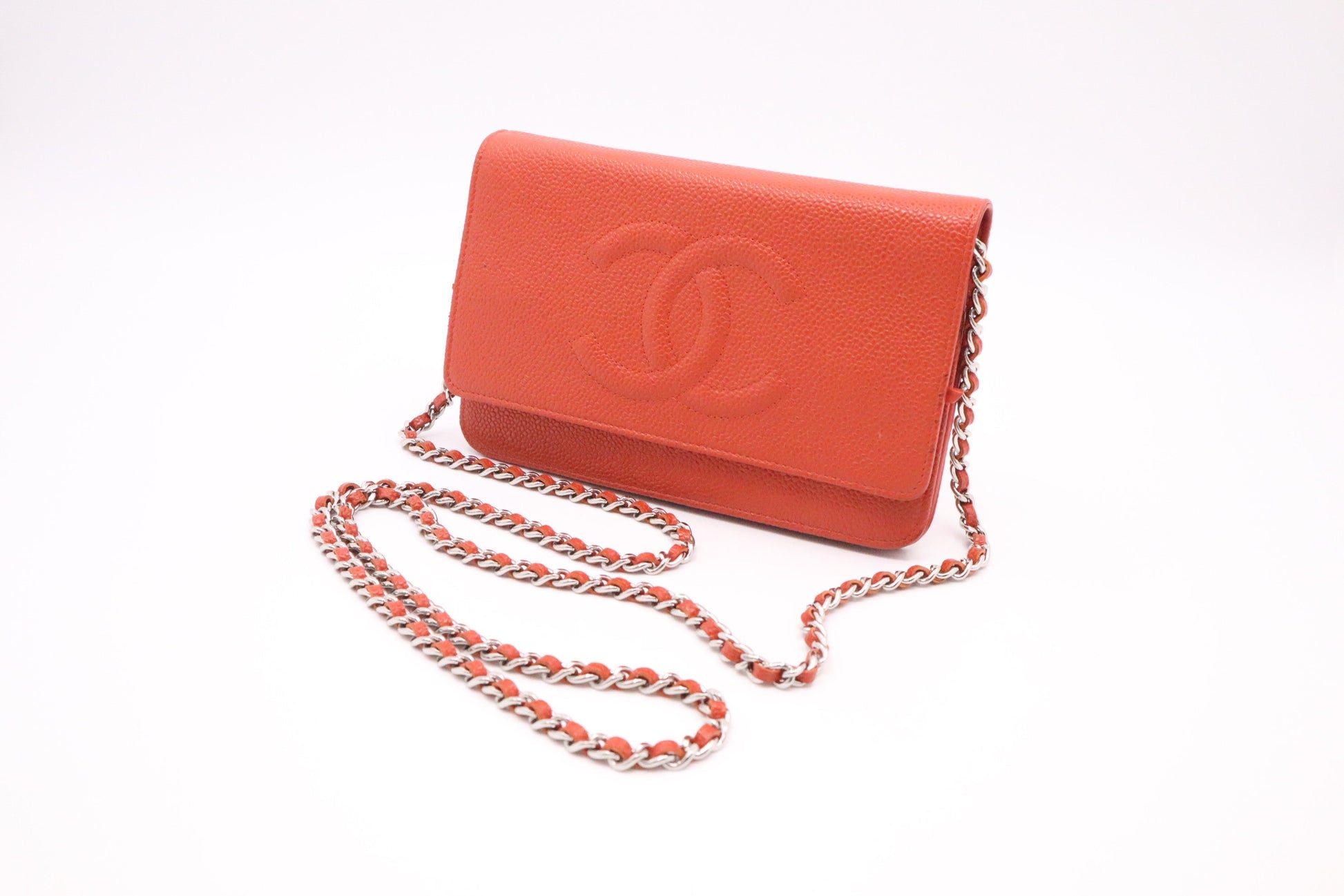 Chanel on Caviar Orange Leather Wallet Case