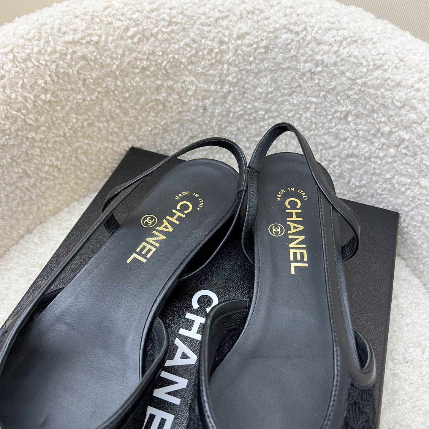 Chanel Slingbacks in Black Leather, Lace and Gosgrain Size 39.5 (Model: G31319)
