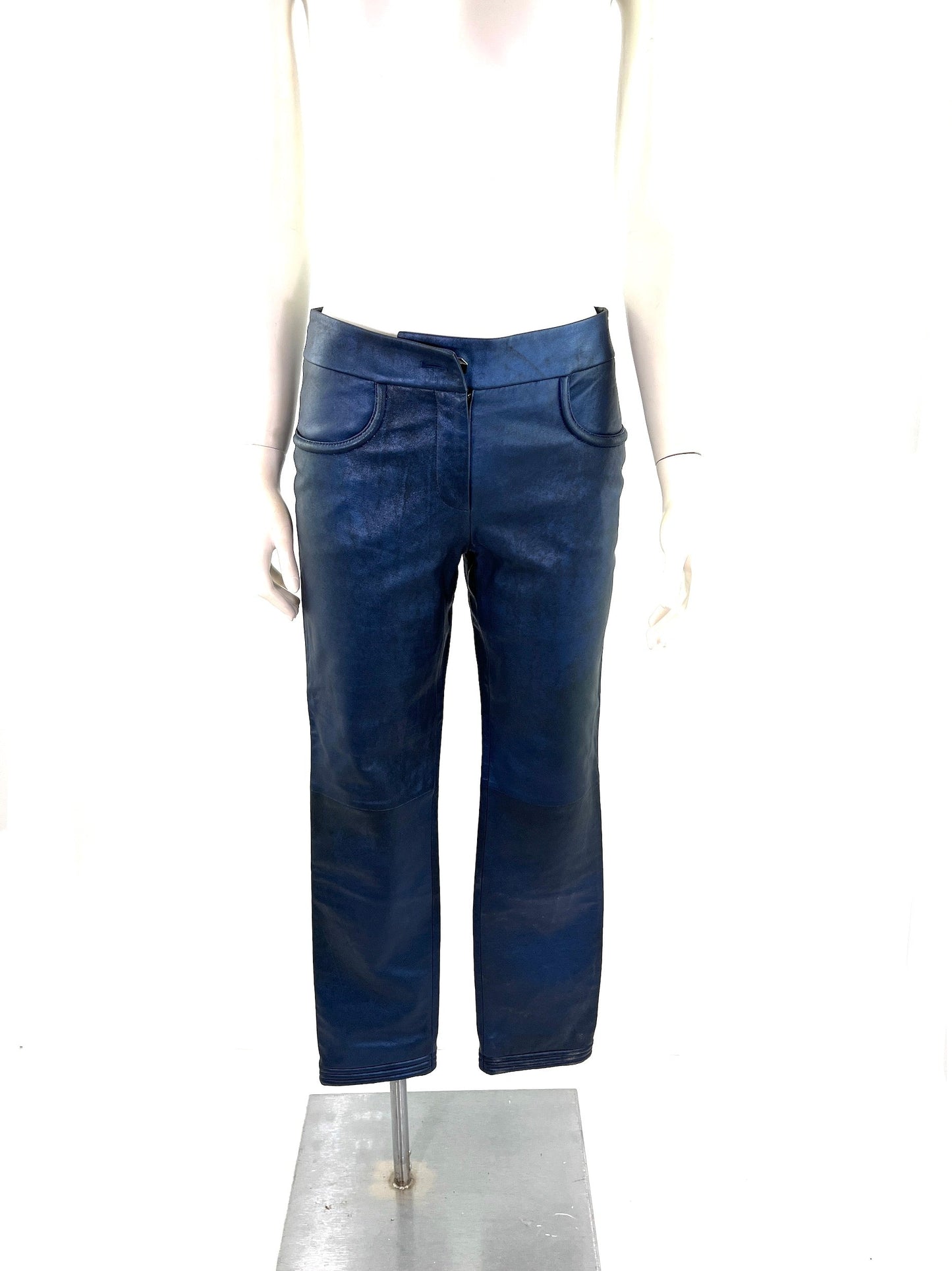 Chanel Navy Blue Leather Straight Leg Pants 36 2 Handbag