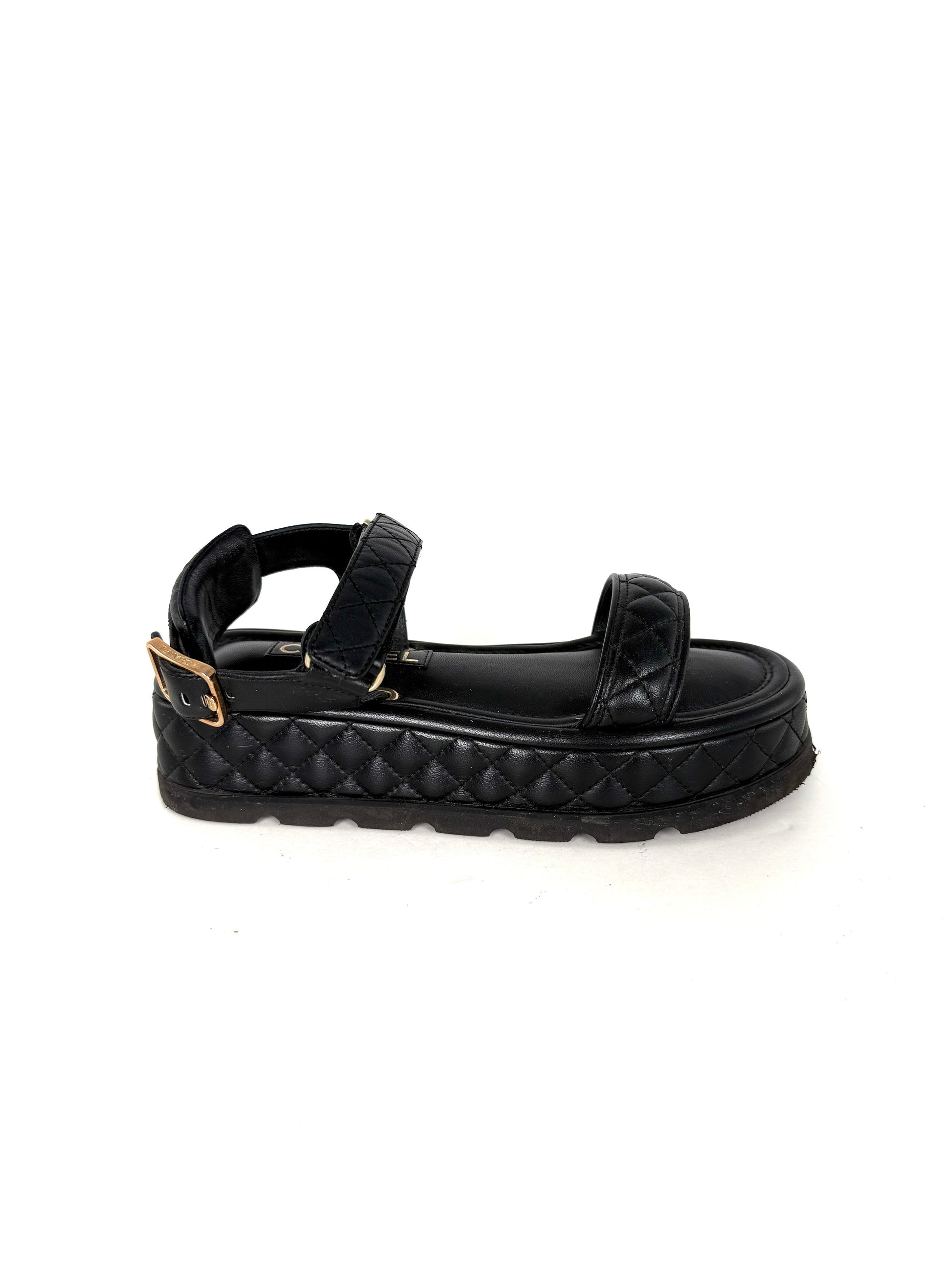 Chanel Black Platform Cc Logo Quilted Leather Sandals 37.5 7
