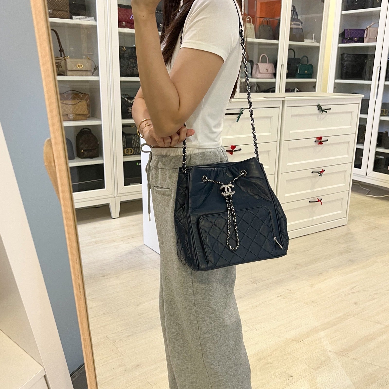 Chanel Drawstring Bucket Bag In Blue Distressed Calfskin And Shw