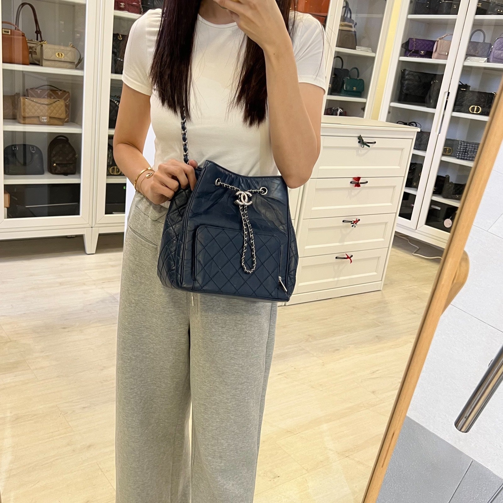 Chanel Drawstring Bucket Bag In Blue Distressed Calfskin And Shw