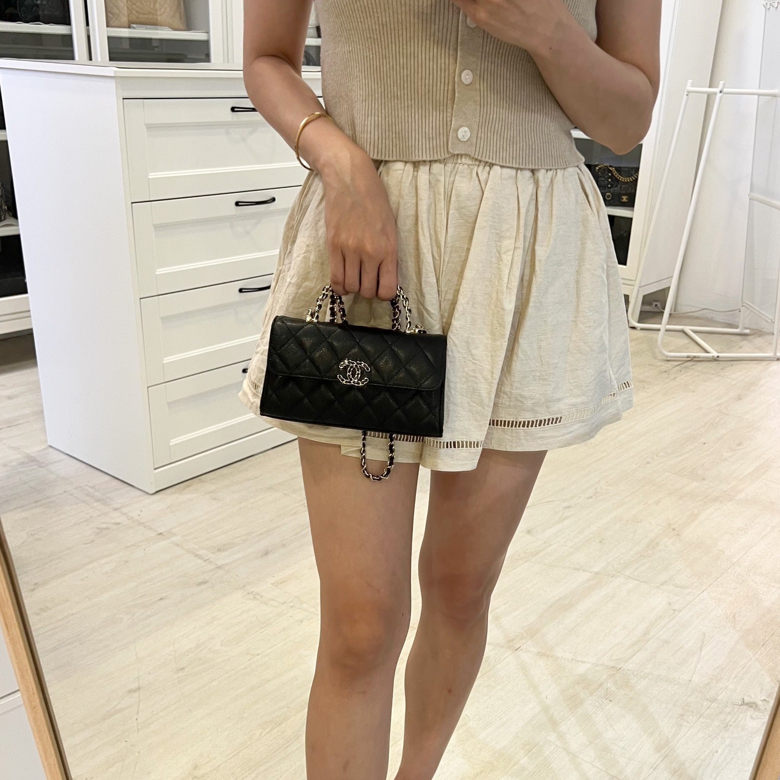 Chanel 25S Top Handle Kelly Clutch with Chain in Black Caviar and Ghw