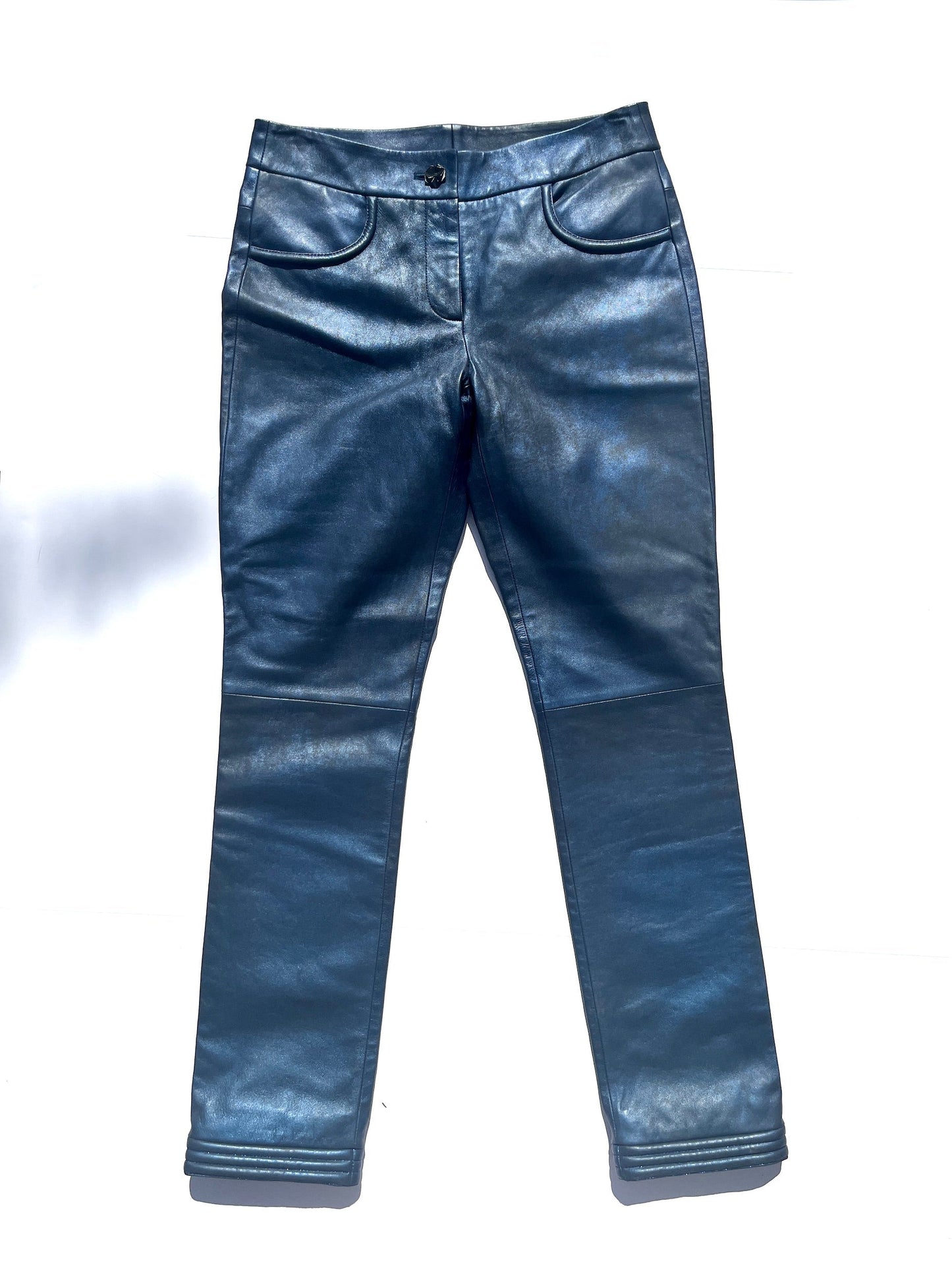 Chanel Navy Blue Leather Straight Leg Pants 36 2 Handbag