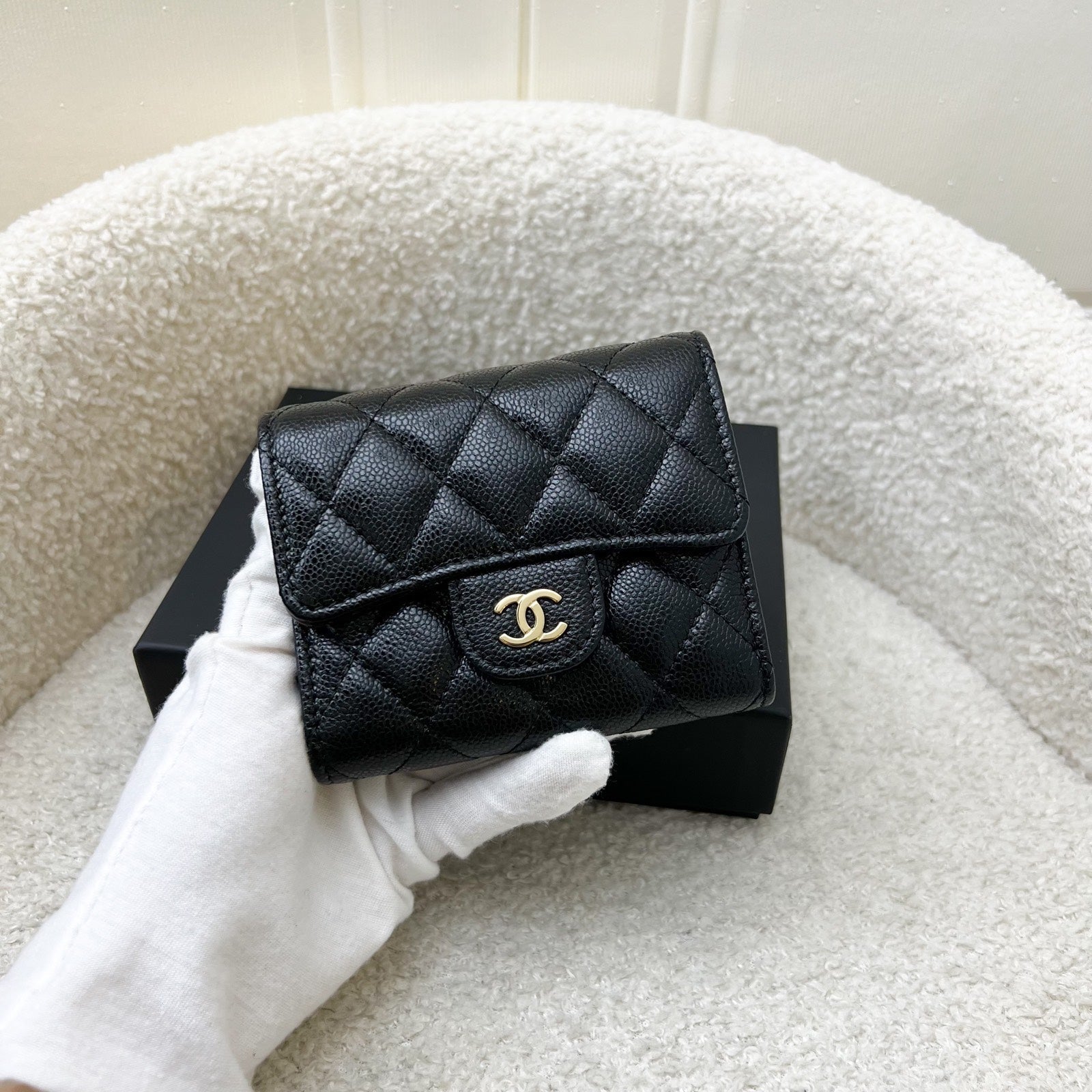 Chanel Compact Small Trifold Wallet in Black Caviar and Lghw Handbag