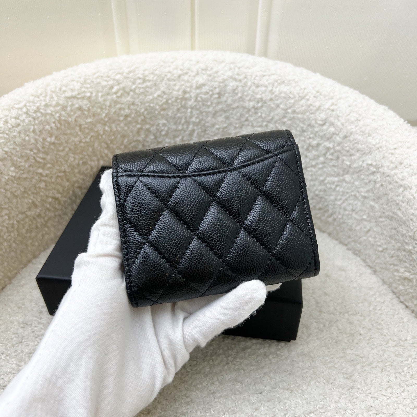 Chanel Compact Small Trifold Wallet in Black Caviar and Lghw Handbag