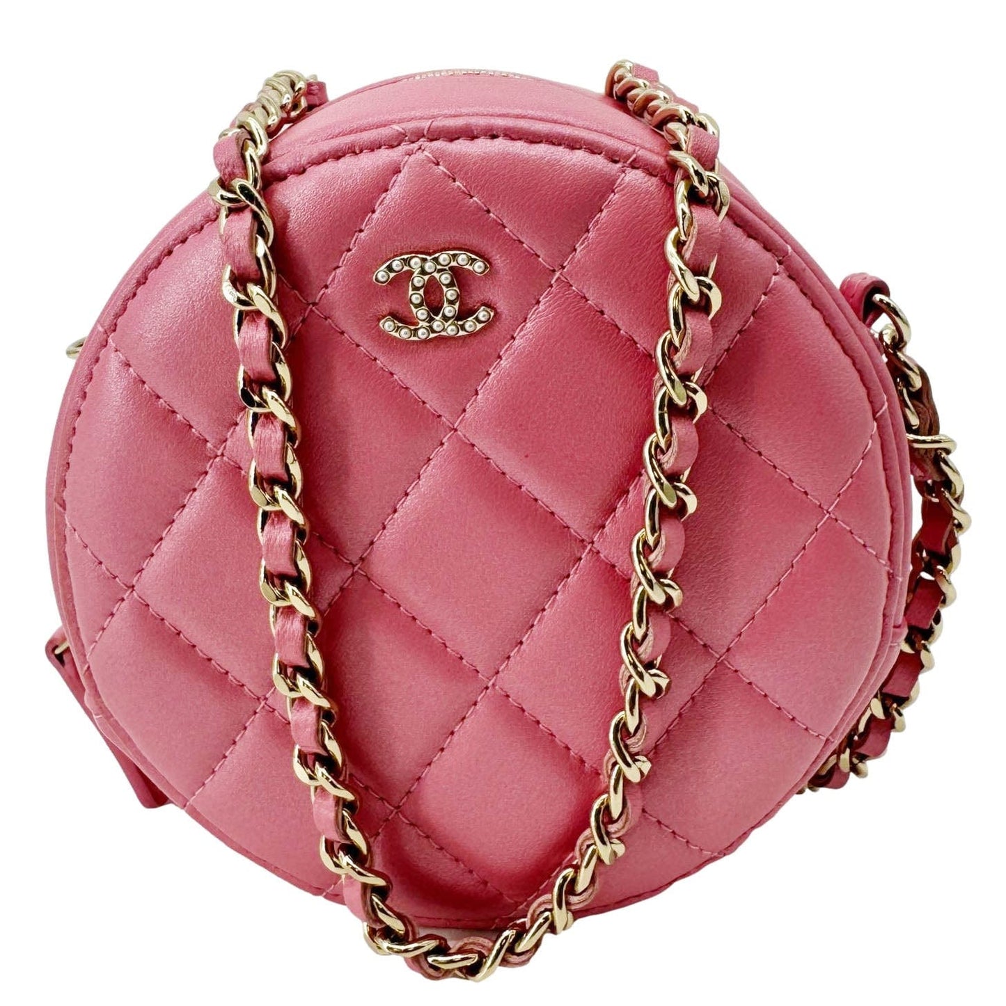 Chanel Round Pearls Quilted Leather Pink Travel Bag