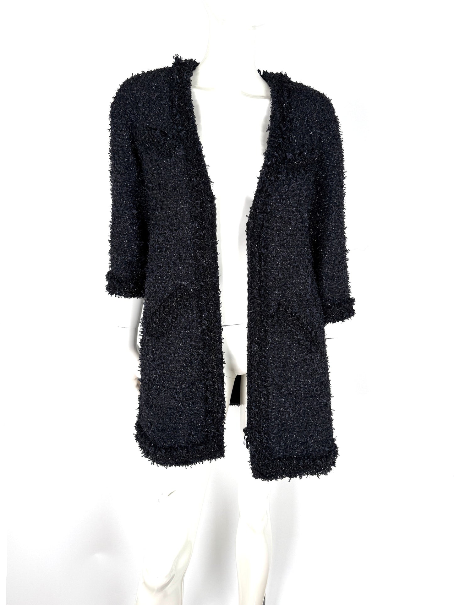 CHANEL Black Sparkly Tweed Zip 3/4 Sleeve V Neck Long Coat Jacket 40 6