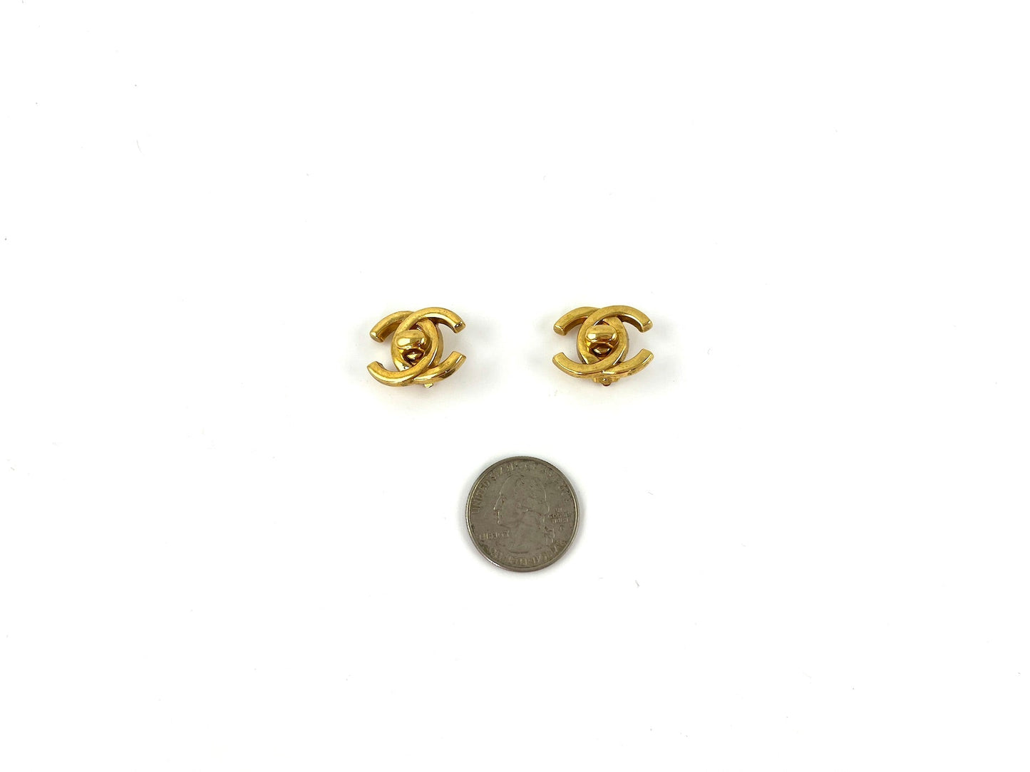 CHANEL Gold Plated 1996 Turnlock CC Stud Clip on Earrings