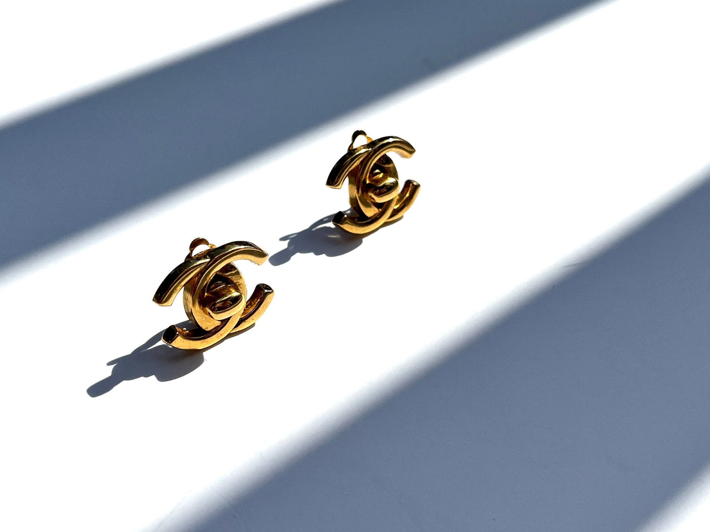 CHANEL Gold Plated 1996 Turnlock CC Stud Clip on Earrings