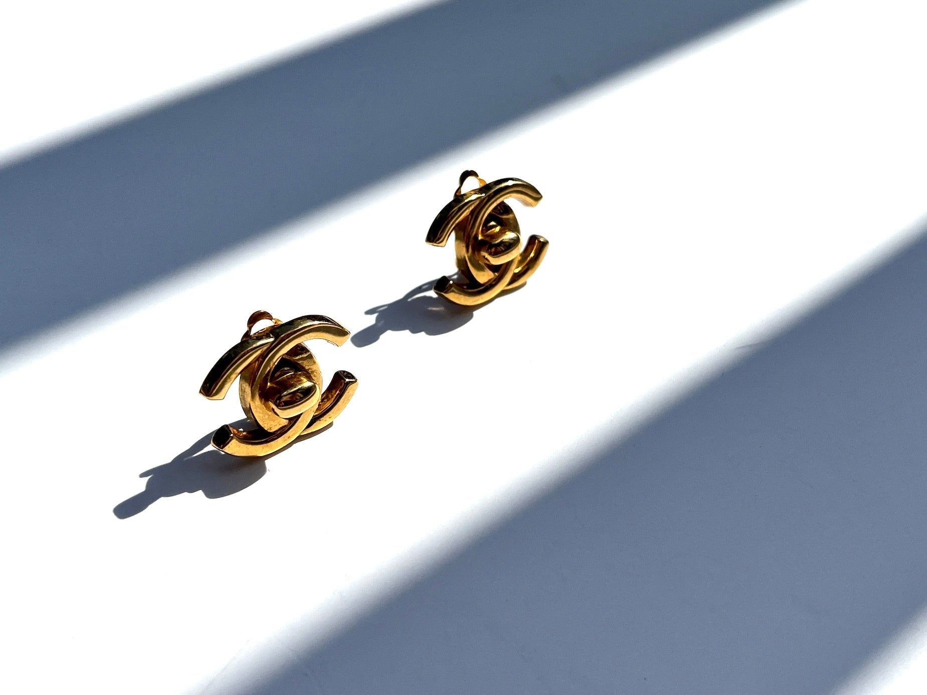 Chanel Gold Plated 1996 Turnlock CC Stud Clip on Earrings