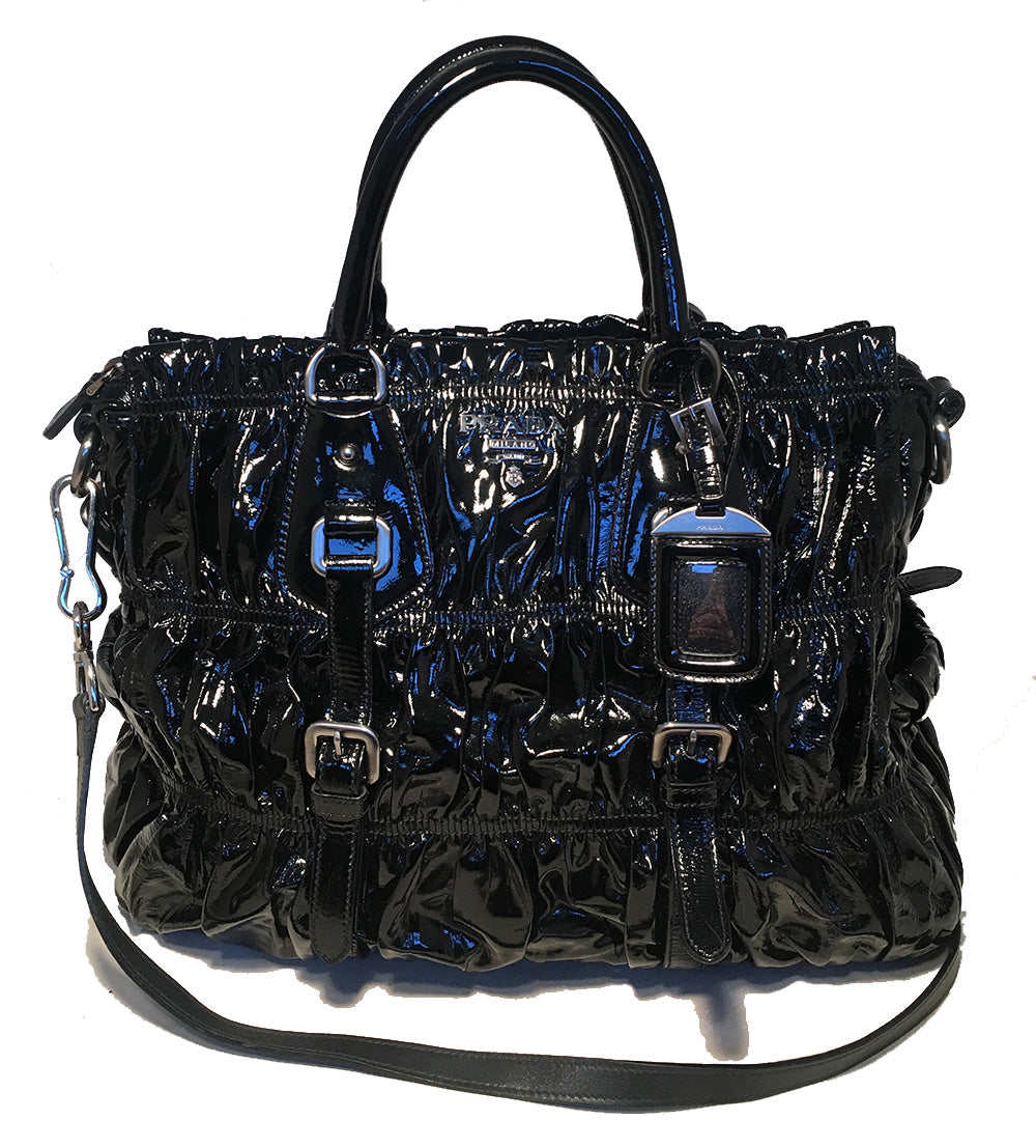 Prada Gaufre Ruched Shoulder Bag Tote Leather Patent Black