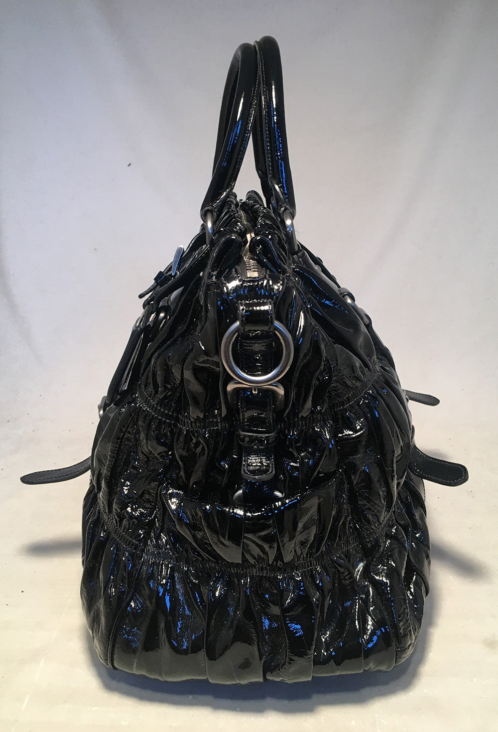 Prada Gaufre Ruched Shoulder Bag Tote Leather Patent Black