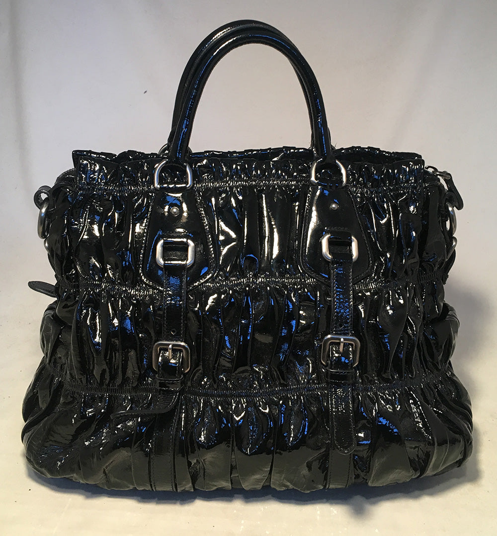 Prada Gaufre Ruched Shoulder Bag Tote Leather Patent Black