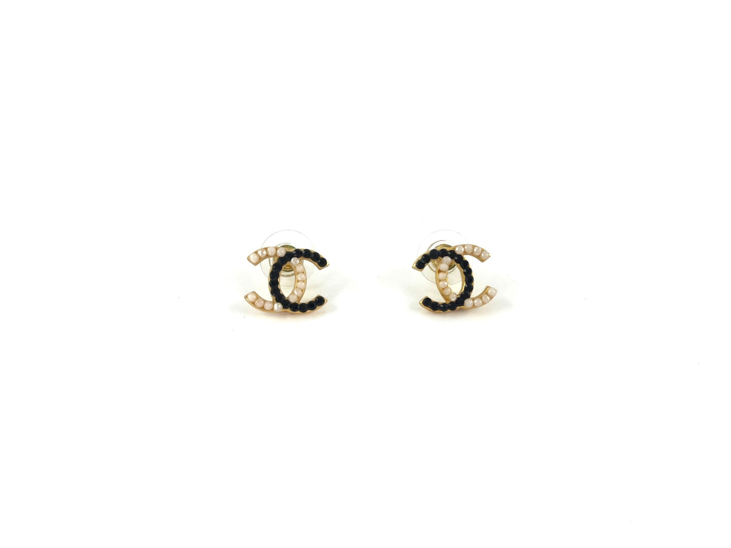 Chanel Black 2003 Faux Pearl CC Stud Earrings