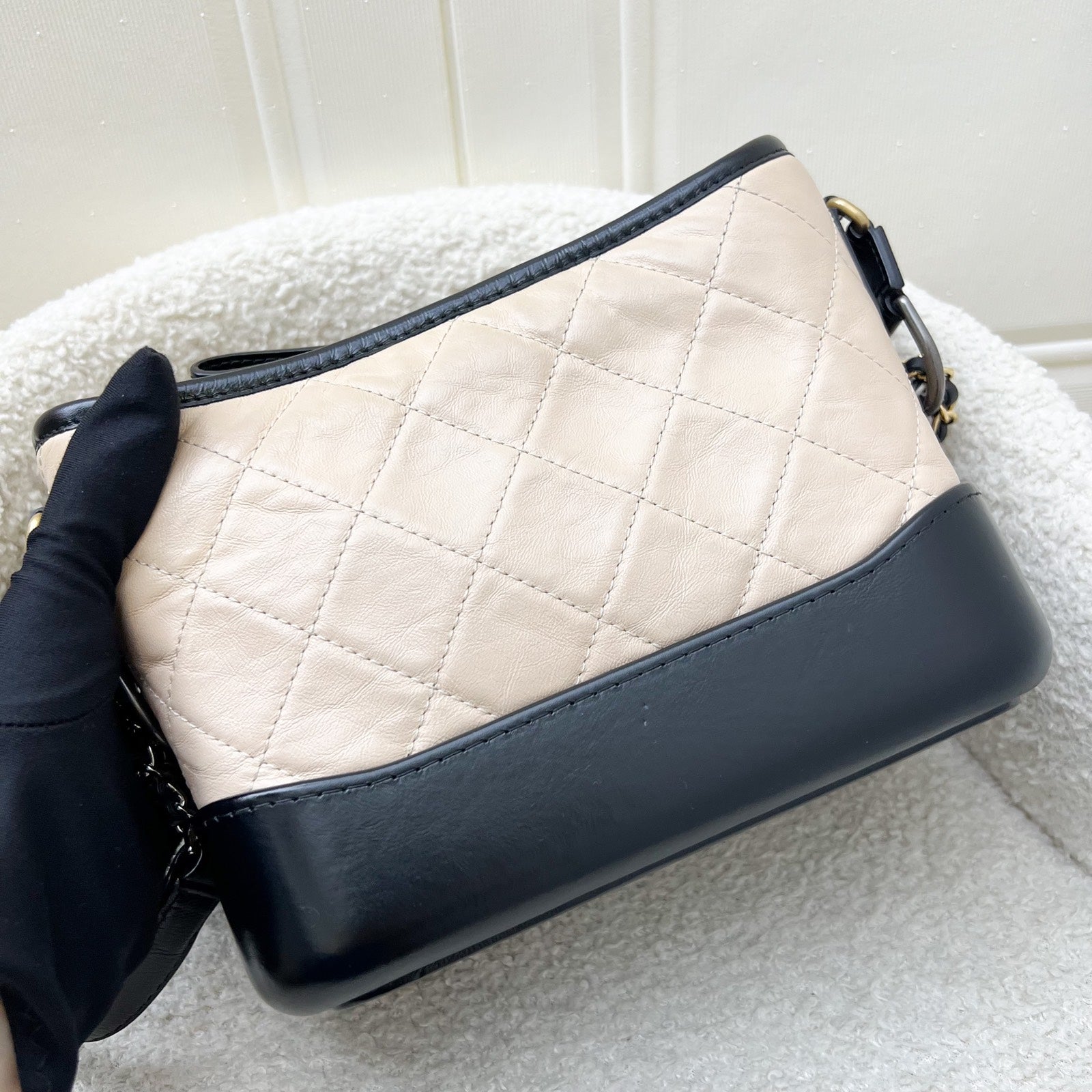 Chanel Small Gabrielle Hobo In Beige Distressed Calfskin, Black Base And 3 Tone Hw
