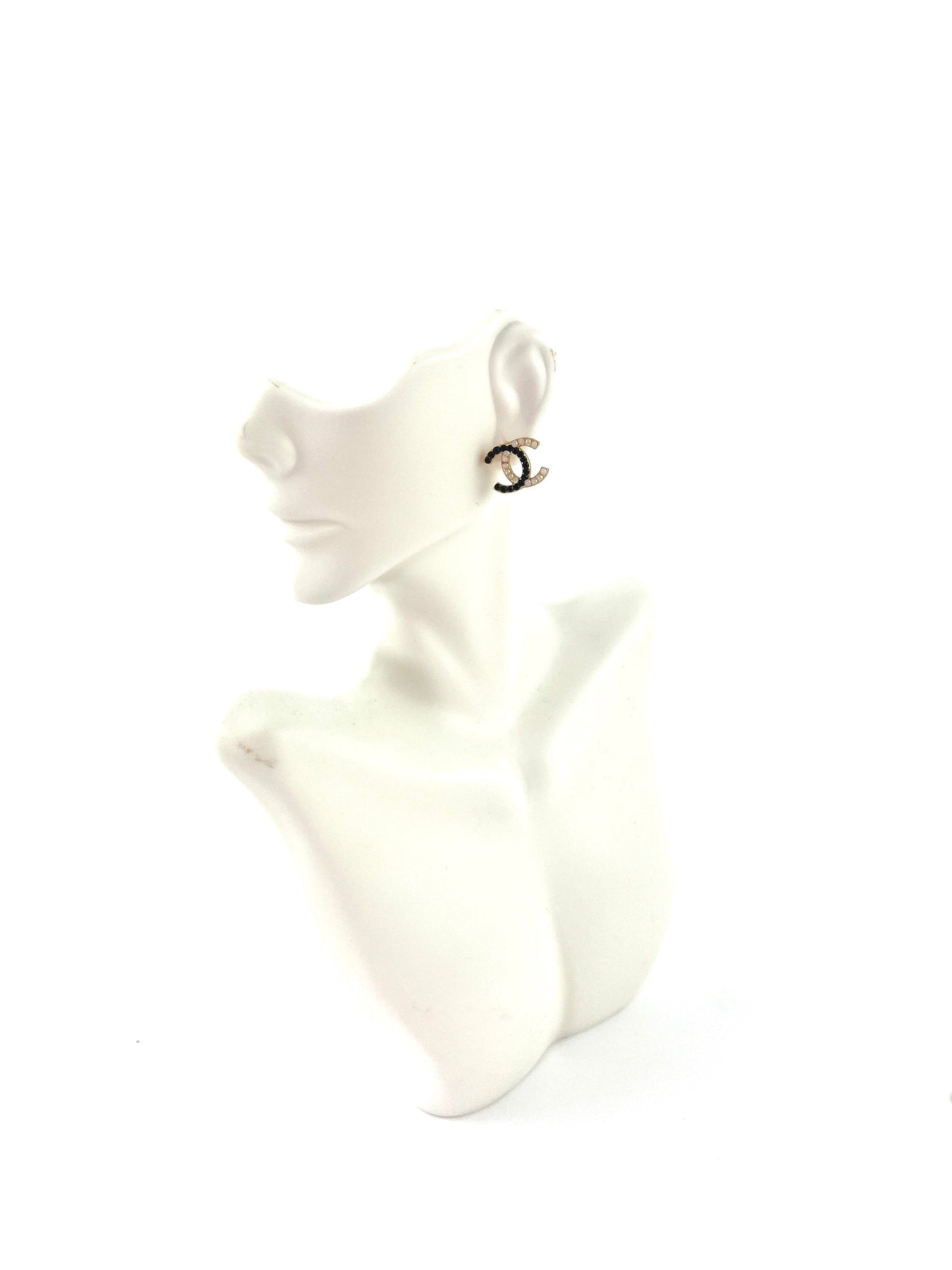Chanel Black 2003 Faux Pearl CC Stud Earrings