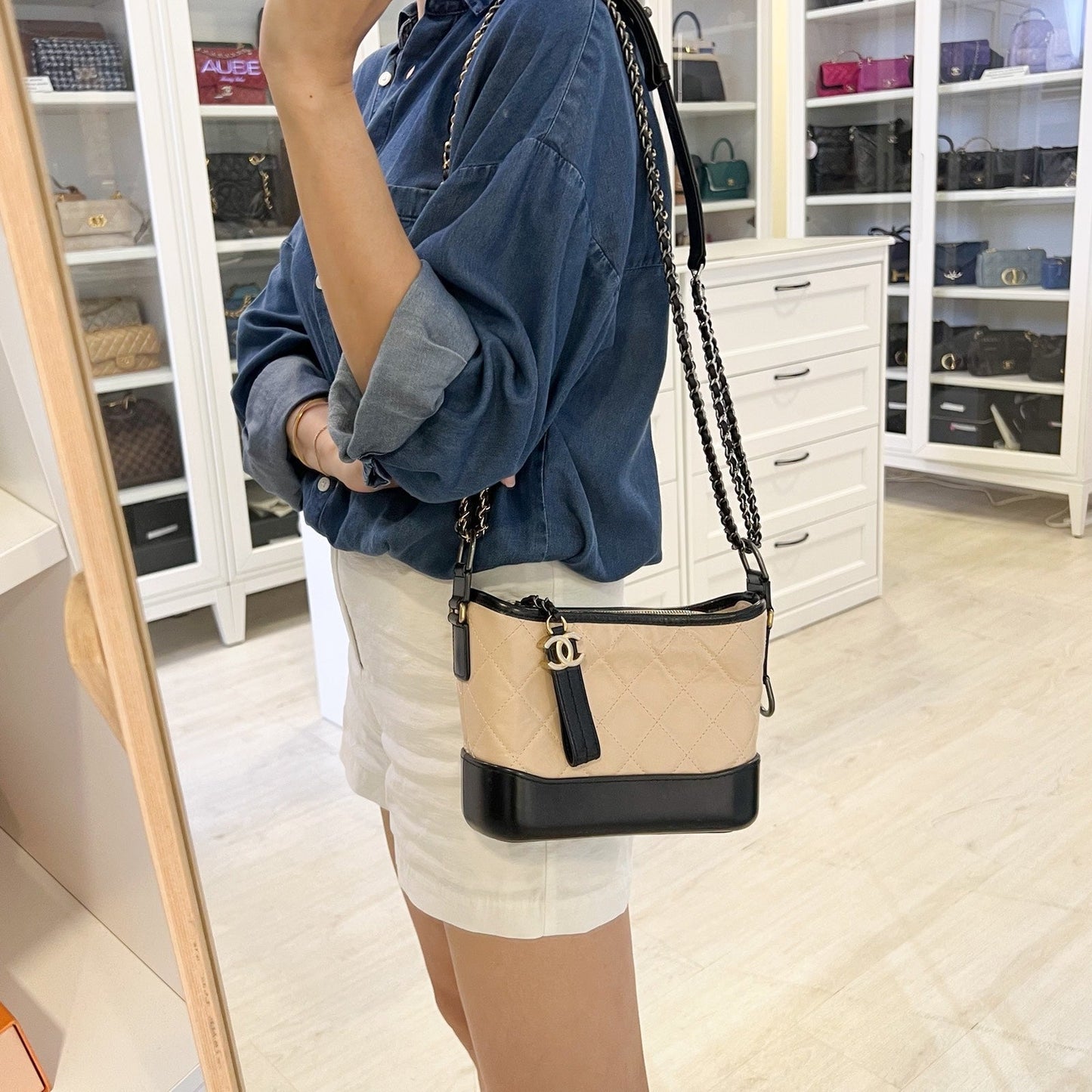 Chanel Small Gabrielle Hobo In Beige Distressed Calfskin, Black Base And 3 Tone Hw
