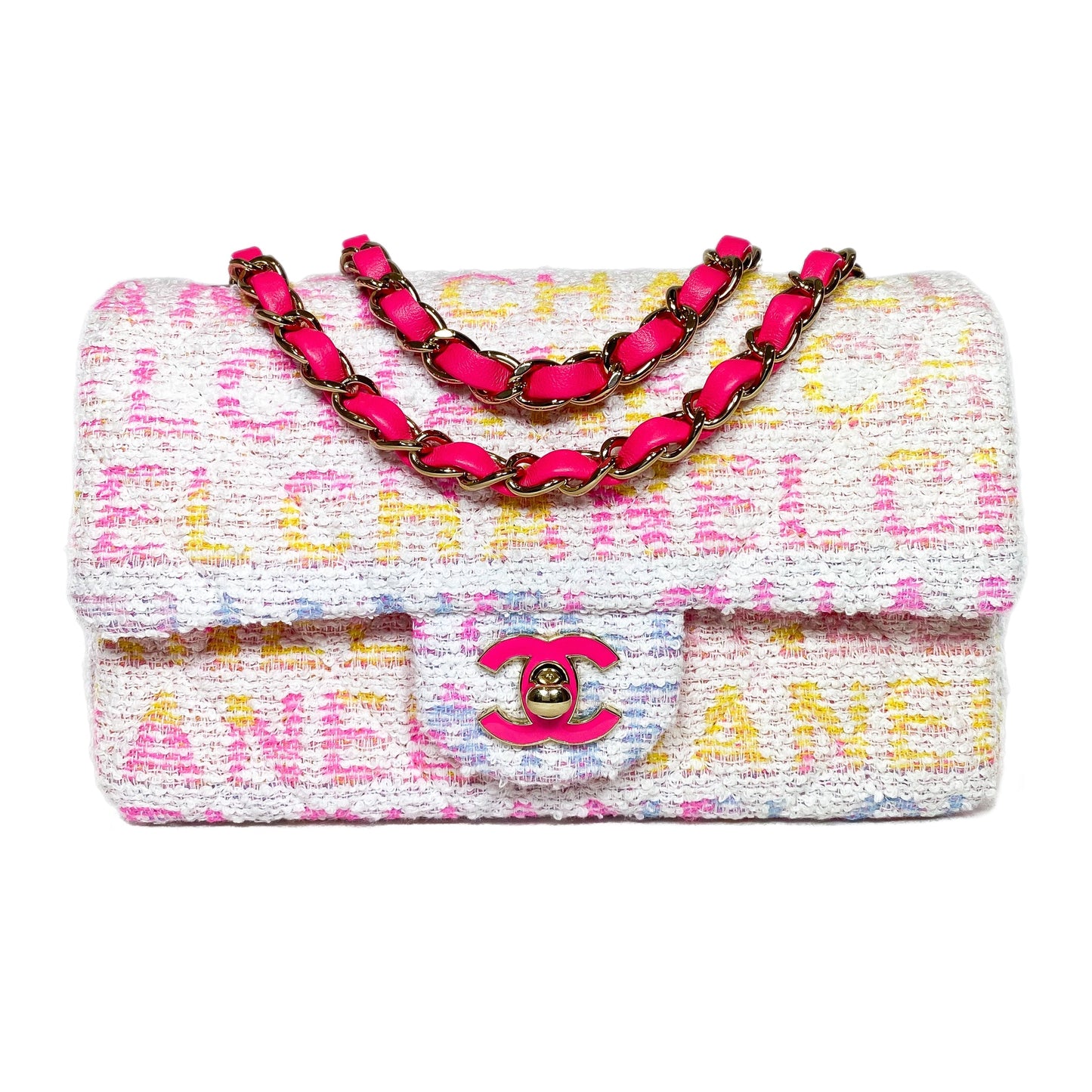 Chanel Quilted Pink Multicolor Tweed Mini Rectangular Flap Bag