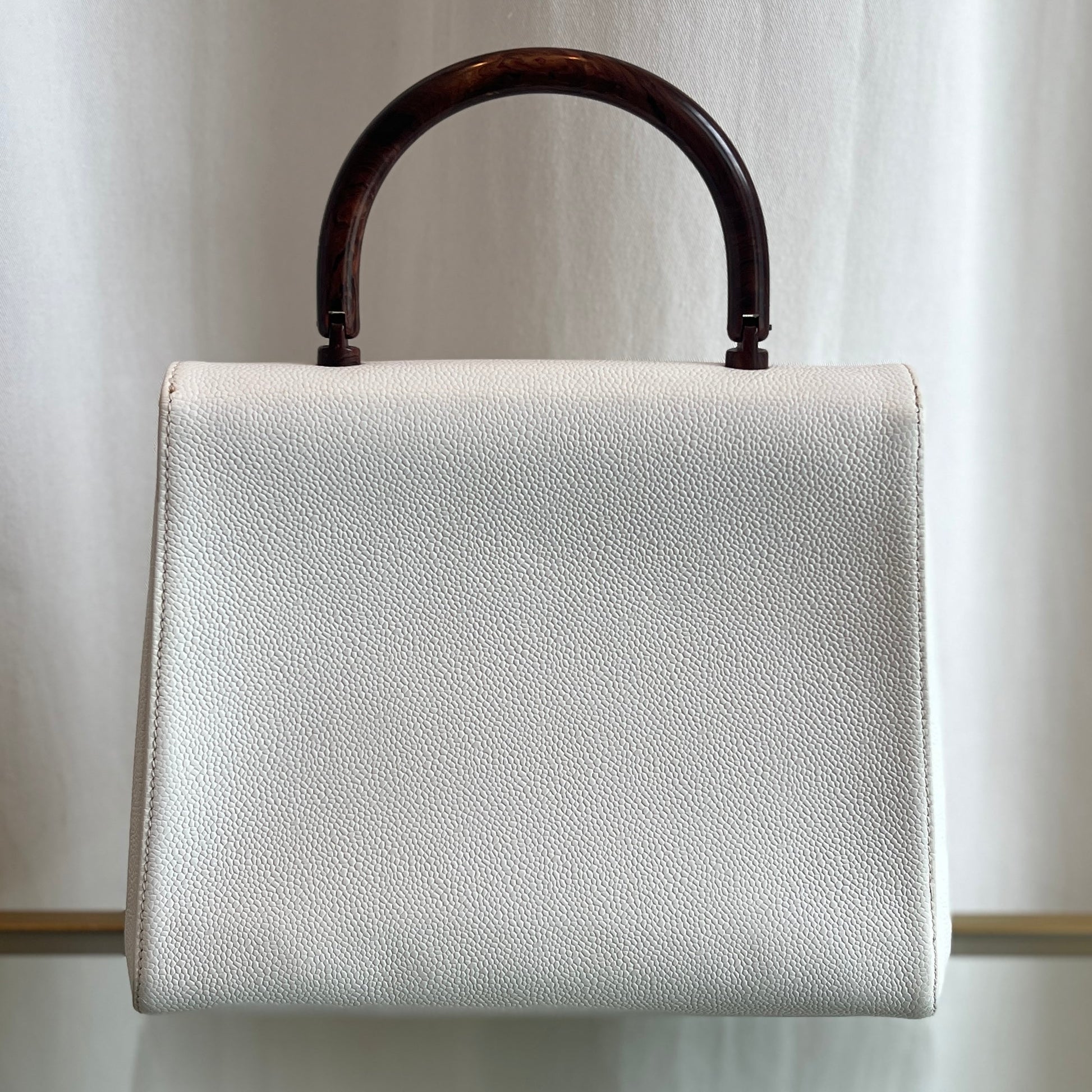 Chanel White Caviar Leather Wood Top Handle Coco Mark Satchel