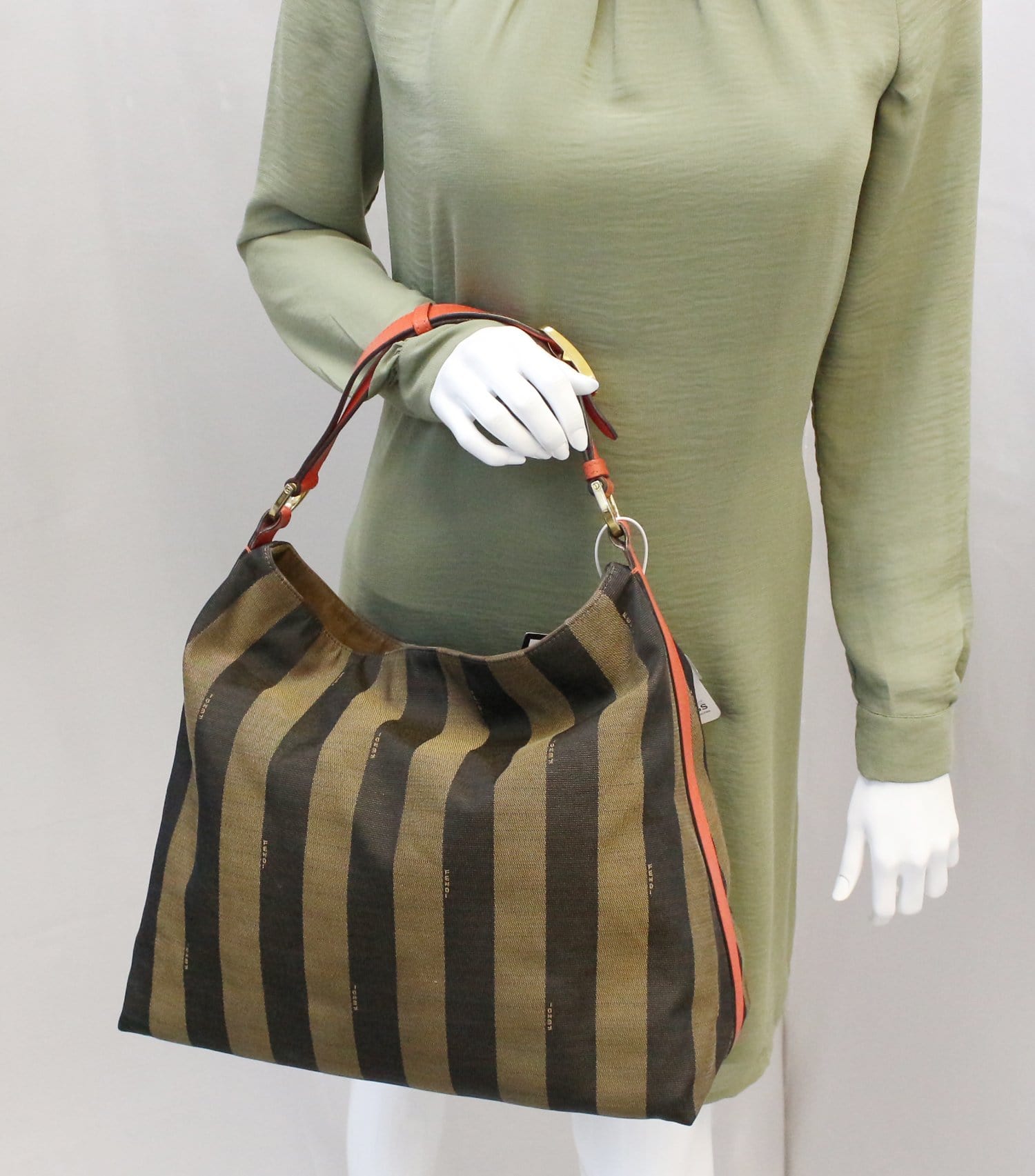 Fendi Tobacco And Pequin Stripe Hobo Bag Leather Canvas Red