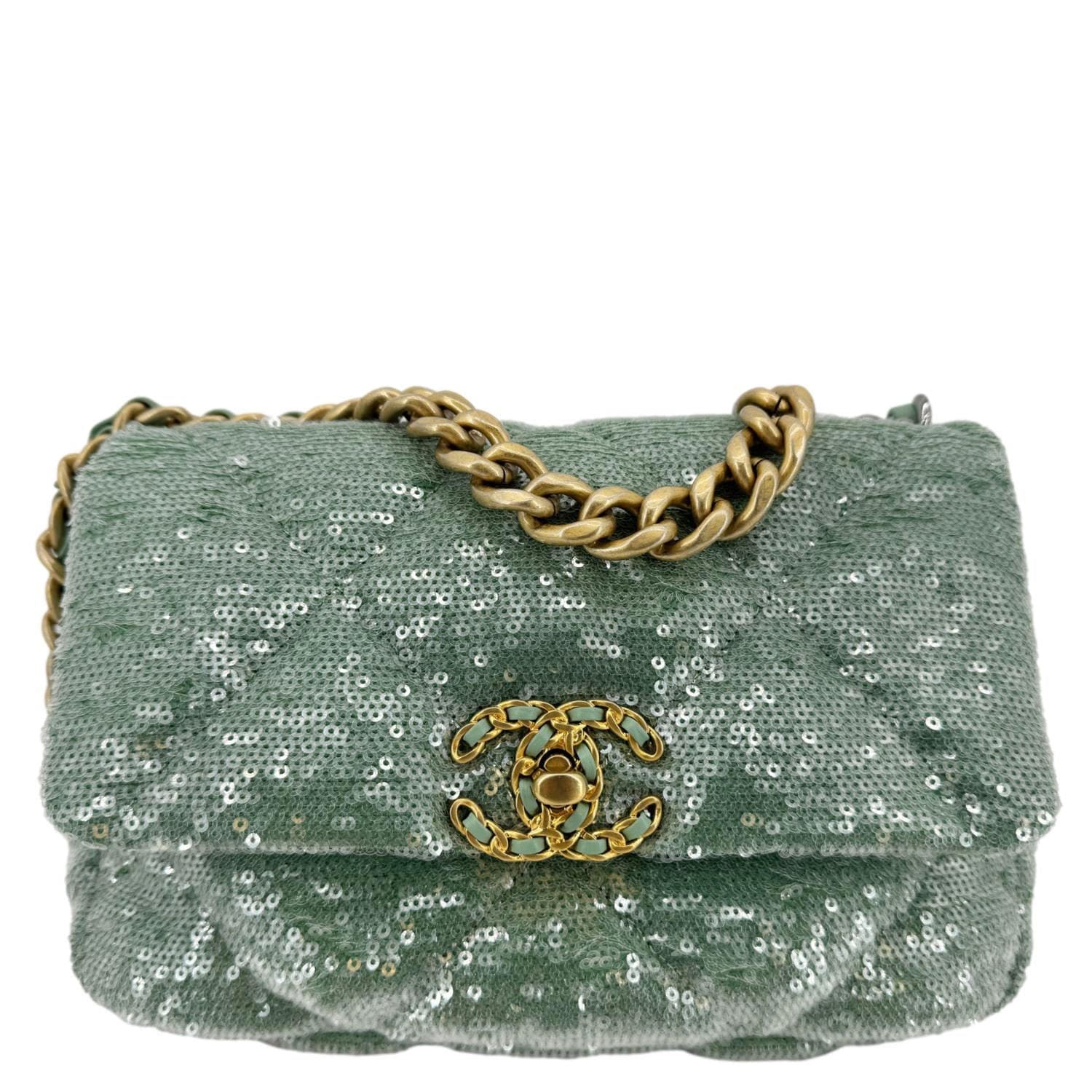 Chanel 19 Flap Sequins Green Travel Bag