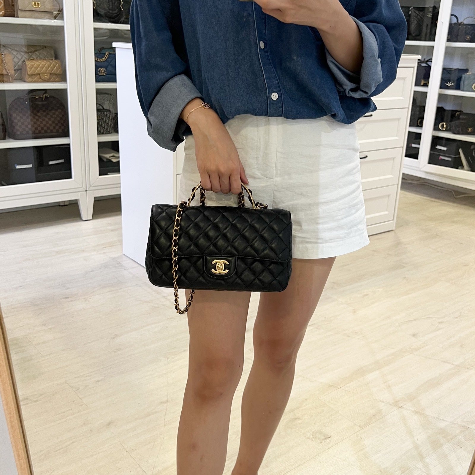 Chanel 23K Small Flap With Top Handle In Black Lambskin And Aghw ( ) Bag