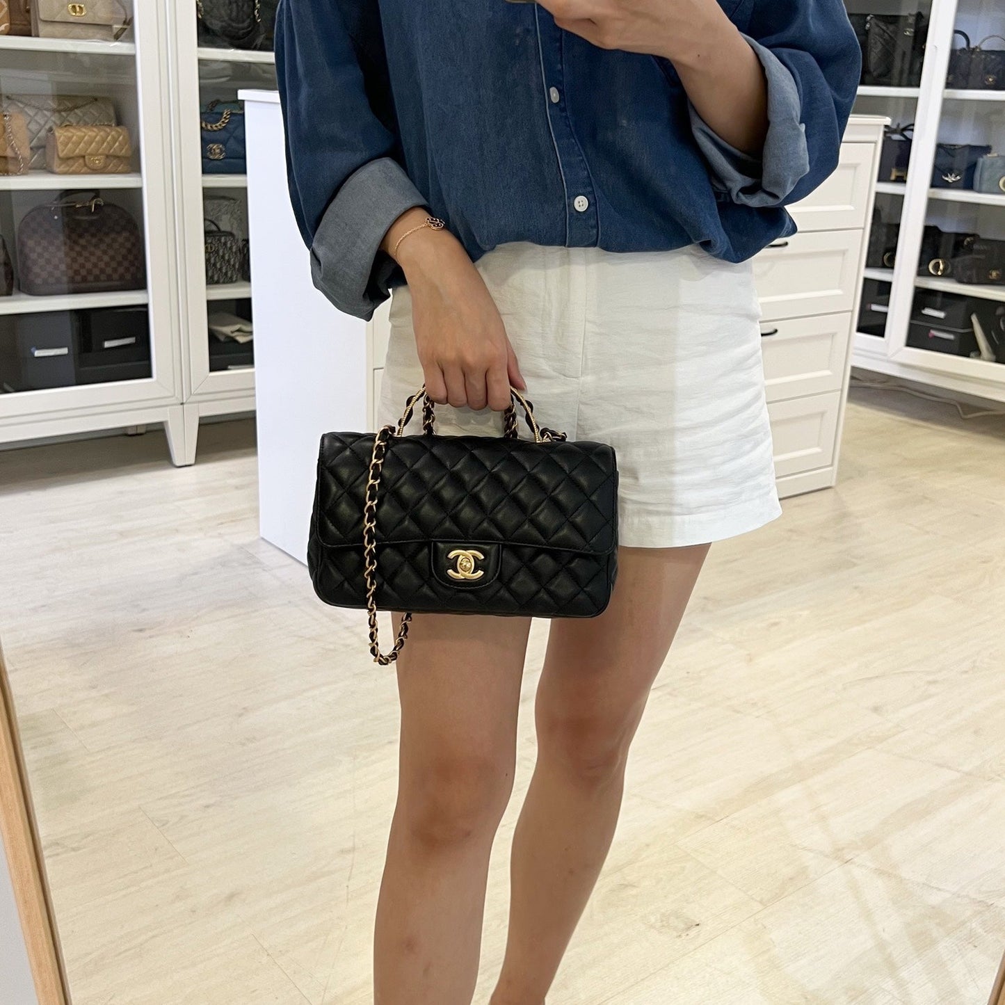 Chanel 23K Small Flap with Top Handle in Black Lambskin and Aghw ( ) Handbag